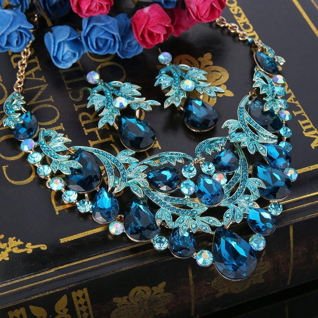 imageBriLove Womens Bohemian Boho Crystal Teardrop Filigree Leaf Hollow Statement Necklace Dangle Earrings SetTurquoise Color GoldTone