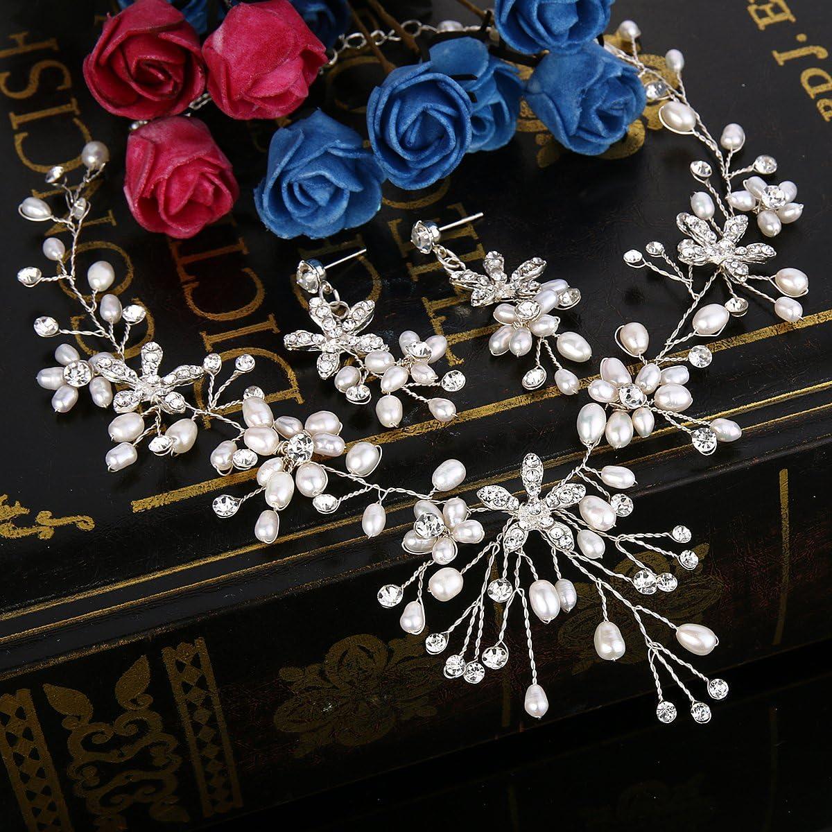 imageBriLove Womens Bohemian Boho Crystal Teardrop Freshwater Cultured Pearl Handmade Filigree Flower Choker Necklace Dangle Earrings SetSilverTone