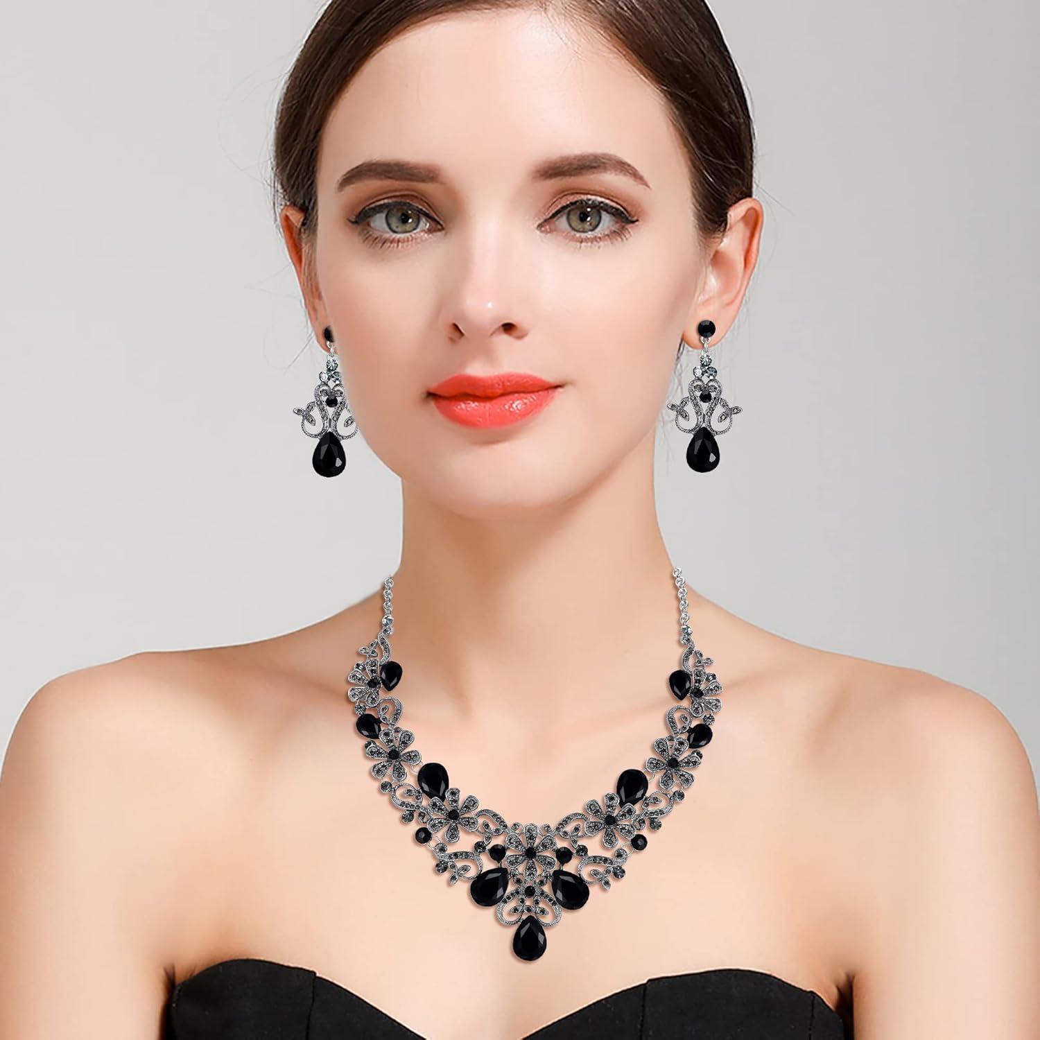 imageBriLove Womens Costume Elegant Crystal Flower Scroll Teardrop Statement Necklace Dangle Earrings Set for Wedding Party Prom AccessoriesBlack SilverTone