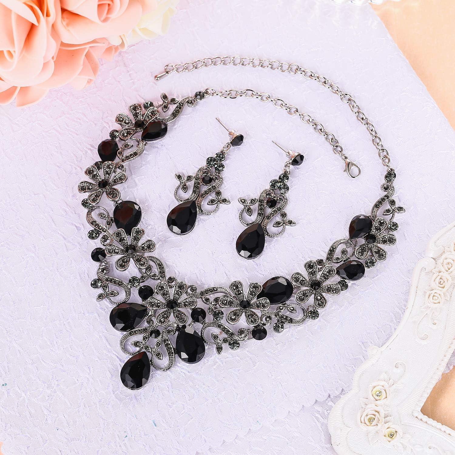 imageBriLove Womens Costume Elegant Crystal Flower Scroll Teardrop Statement Necklace Dangle Earrings Set for Wedding Party Prom AccessoriesBlack SilverTone