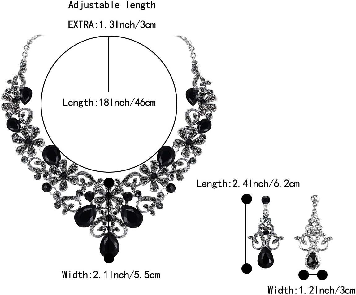 imageBriLove Womens Costume Elegant Crystal Flower Scroll Teardrop Statement Necklace Dangle Earrings Set for Wedding Party Prom AccessoriesBlack SilverTone