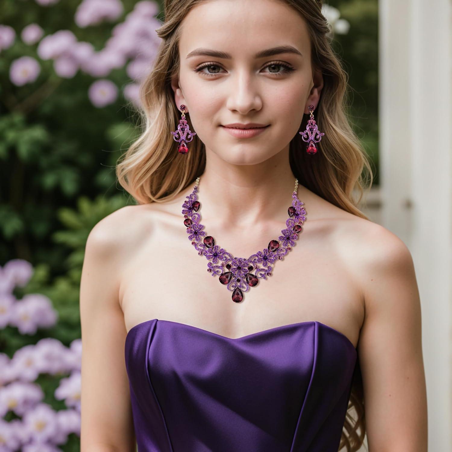 imageBriLove Womens Costume Elegant Crystal Flower Scroll Teardrop Statement Necklace Dangle Earrings Set for Wedding Party Prom AccessoriesDeep Amethyst Color GoldTone
