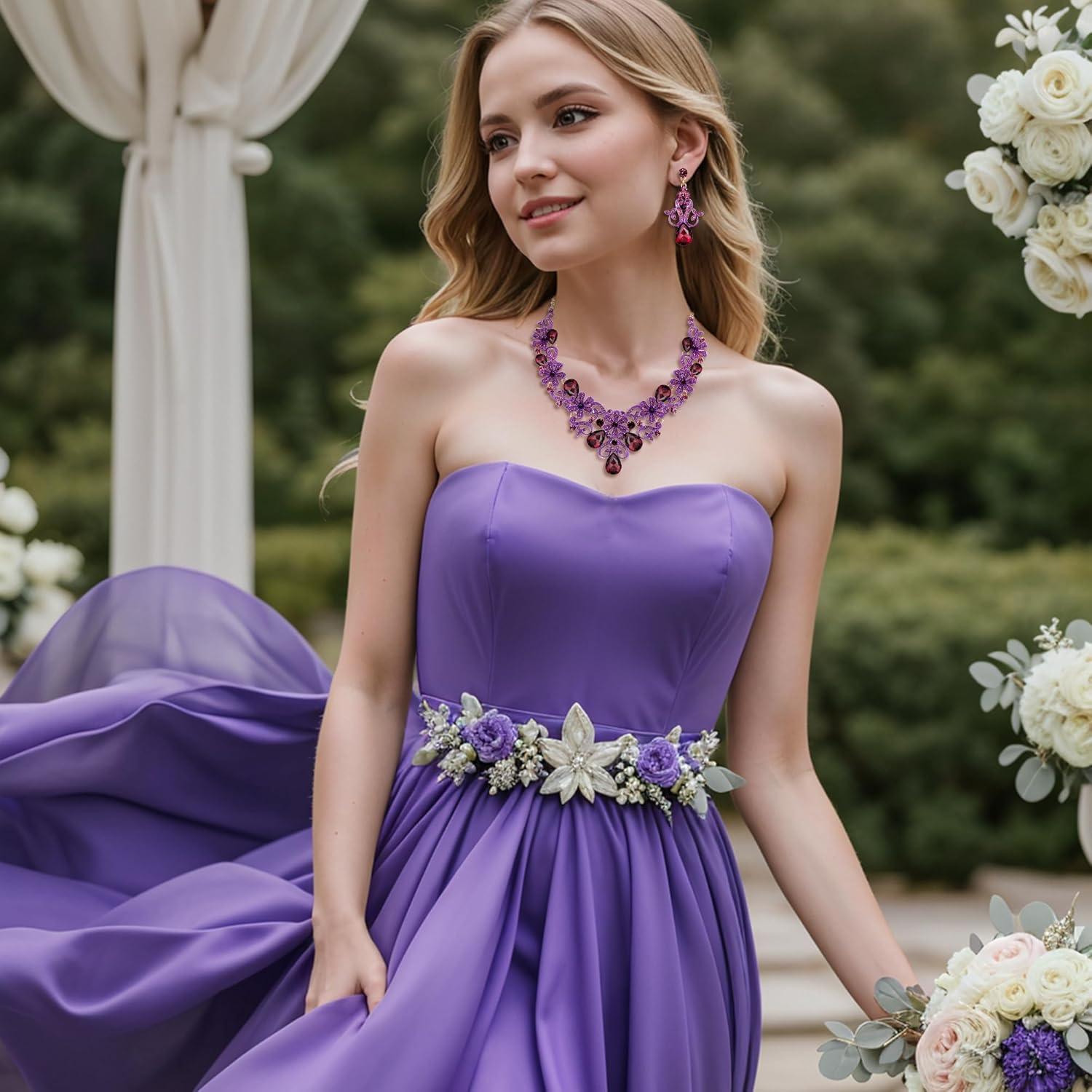 imageBriLove Womens Costume Elegant Crystal Flower Scroll Teardrop Statement Necklace Dangle Earrings Set for Wedding Party Prom AccessoriesDeep Amethyst Color GoldTone
