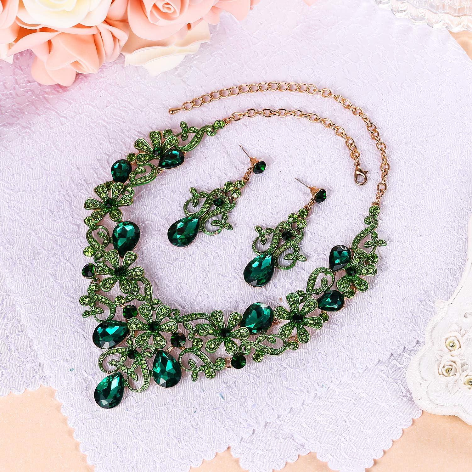 imageBriLove Womens Costume Elegant Crystal Flower Scroll Teardrop Statement Necklace Dangle Earrings Set for Wedding Party Prom AccessoriesEmerald Color GoldTone