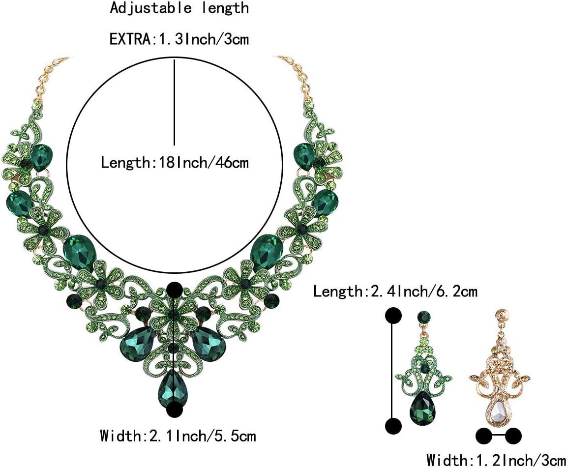 imageBriLove Womens Costume Elegant Crystal Flower Scroll Teardrop Statement Necklace Dangle Earrings Set for Wedding Party Prom AccessoriesEmerald Color GoldTone