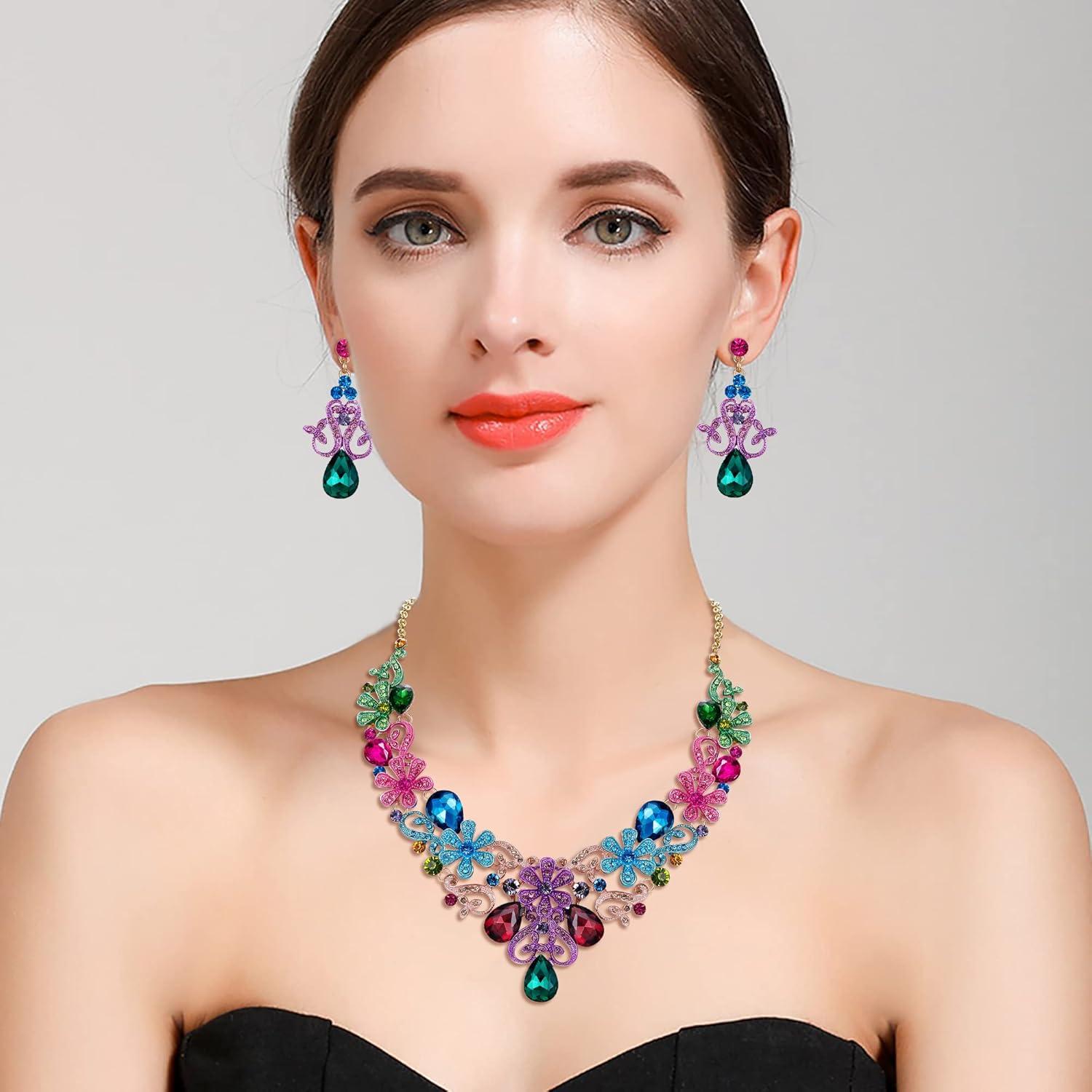 imageBriLove Womens Costume Elegant Crystal Flower Scroll Teardrop Statement Necklace Dangle Earrings Set for Wedding Party Prom AccessoriesMulticolor GoldTone