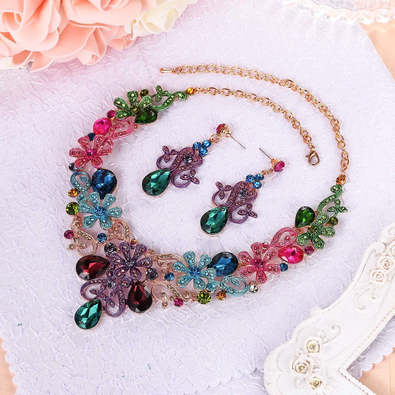 imageBriLove Womens Costume Elegant Crystal Flower Scroll Teardrop Statement Necklace Dangle Earrings Set for Wedding Party Prom AccessoriesMulticolor GoldTone