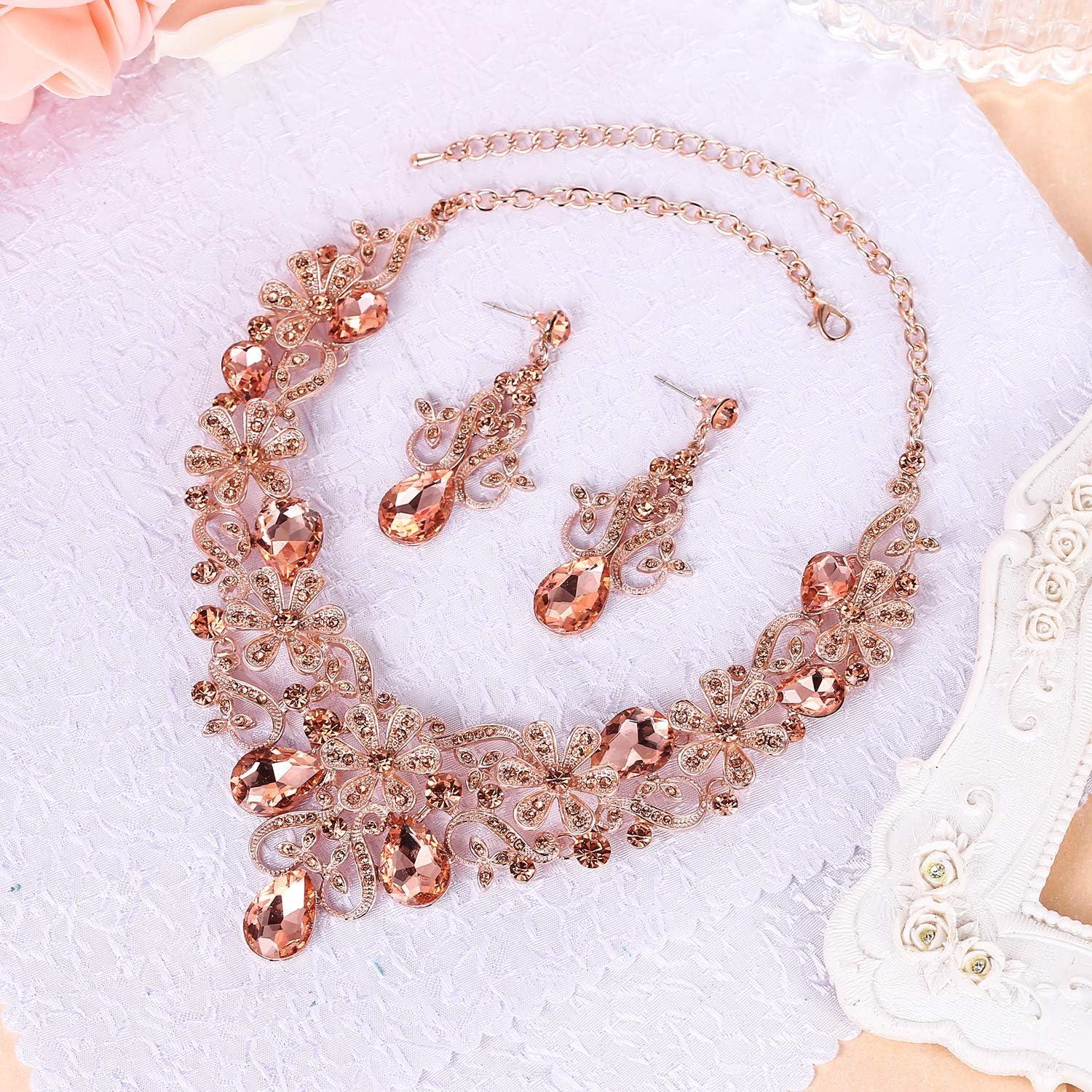 imageBriLove Womens Costume Elegant Crystal Flower Scroll Teardrop Statement Necklace Dangle Earrings Set for Wedding Party Prom AccessoriesPeach RoseGoldTone