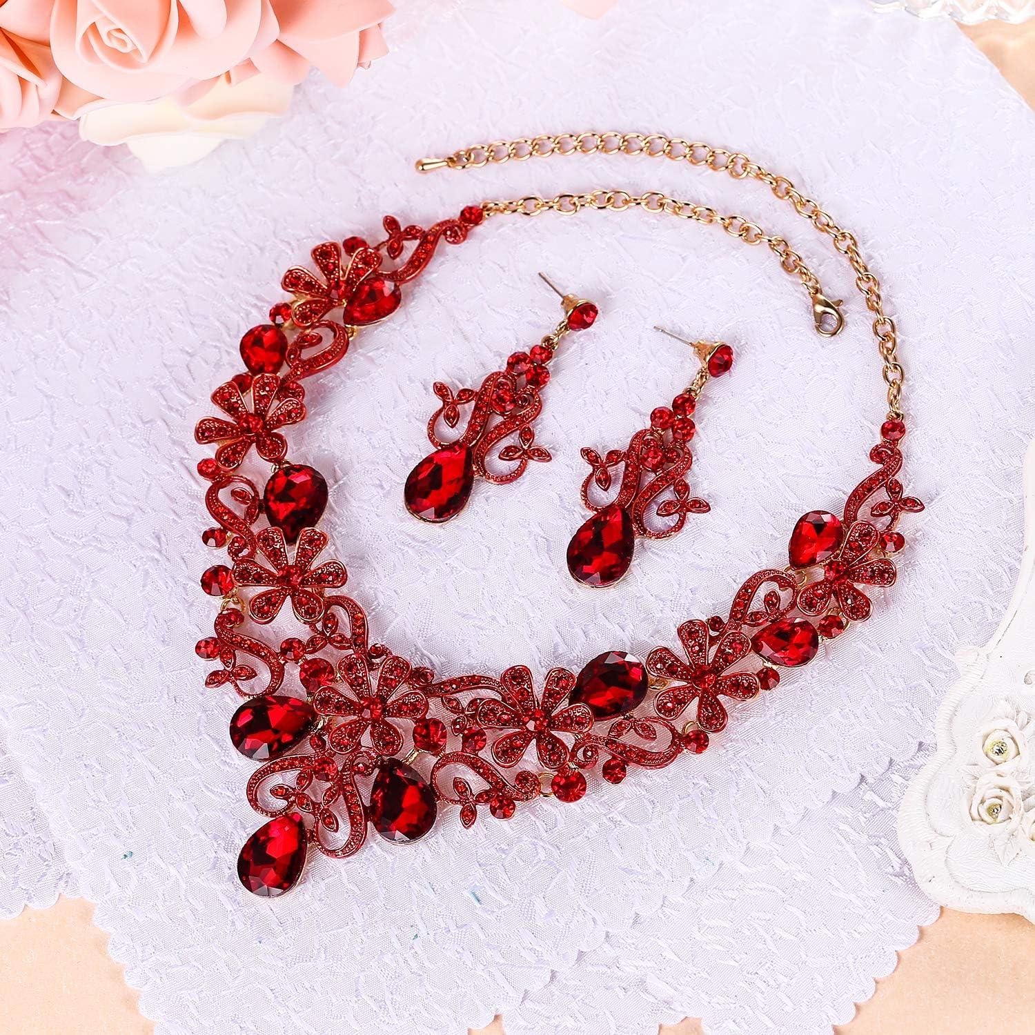 imageBriLove Womens Costume Elegant Crystal Flower Scroll Teardrop Statement Necklace Dangle Earrings Set for Wedding Party Prom AccessoriesRuby Color GoldTone
