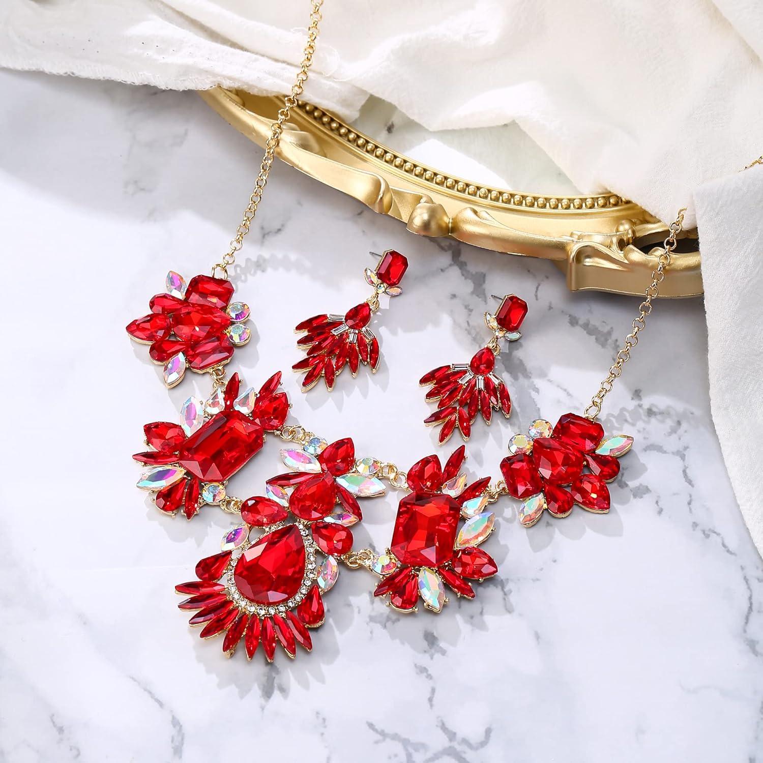 imageBriLove Womens Jewelry Set Fashion Sparkling Crystal Rhinestone Teardrop Emerald Cut Marquise Cluster Statement Necklace Dangle Earrings for Party PromRuby Color Goldtone