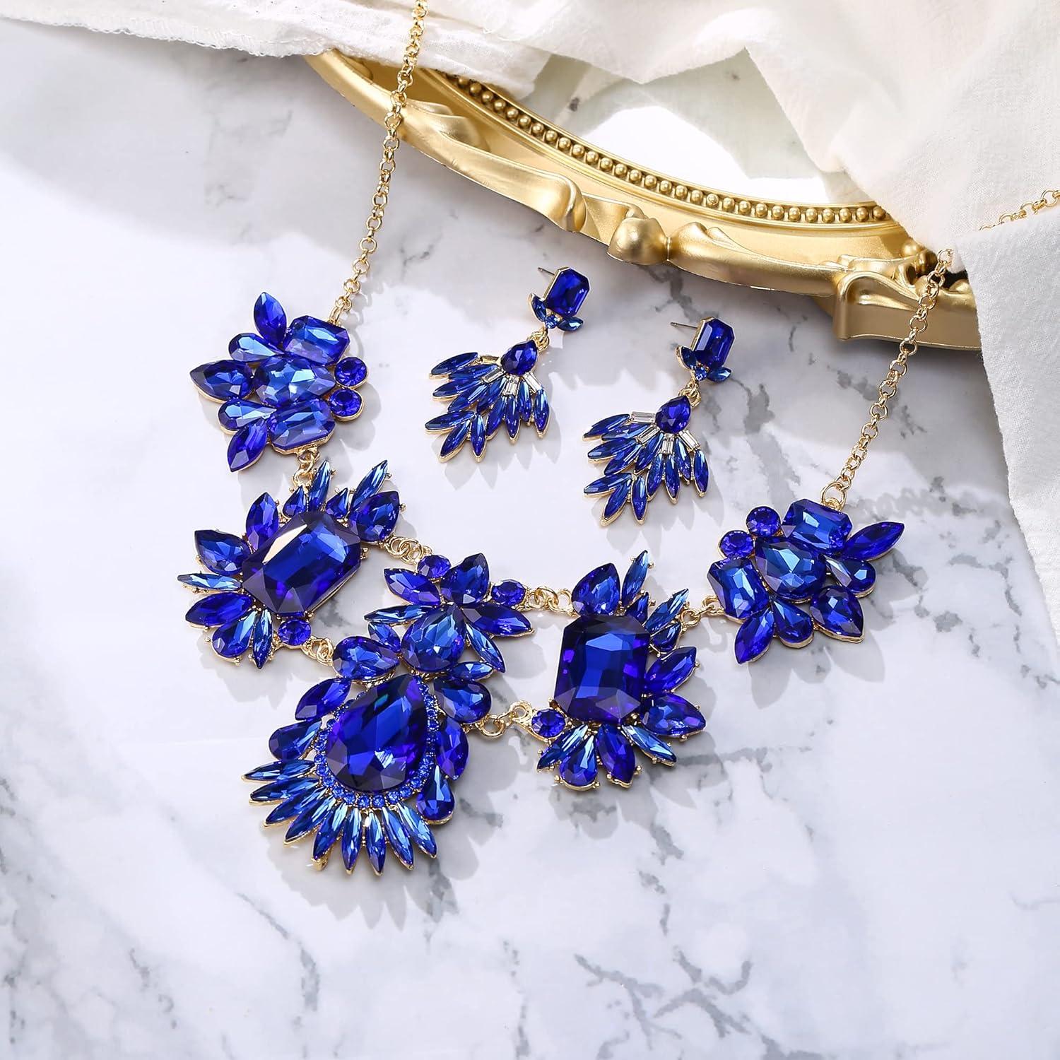 imageBriLove Womens Jewelry Set Fashion Sparkling Crystal Rhinestone Teardrop Emerald Cut Marquise Cluster Statement Necklace Dangle Earrings for Party PromBlue Goldtone