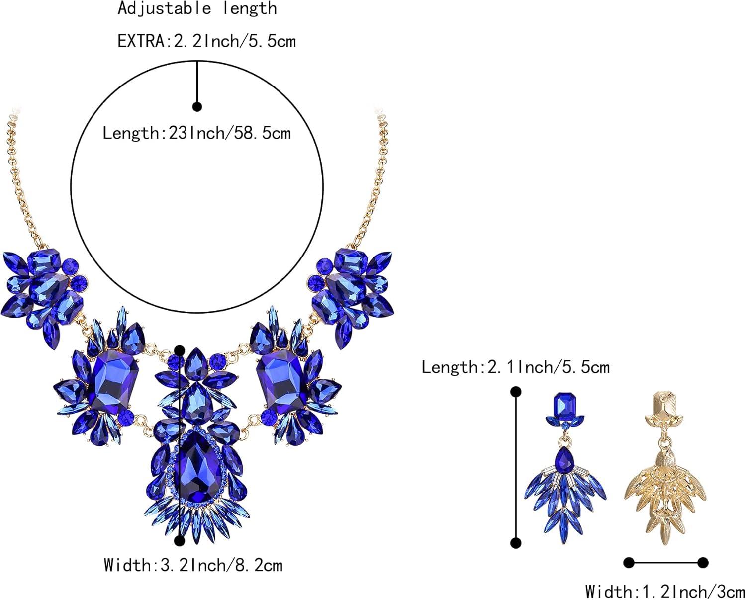 imageBriLove Womens Jewelry Set Fashion Sparkling Crystal Rhinestone Teardrop Emerald Cut Marquise Cluster Statement Necklace Dangle Earrings for Party PromBlue Goldtone