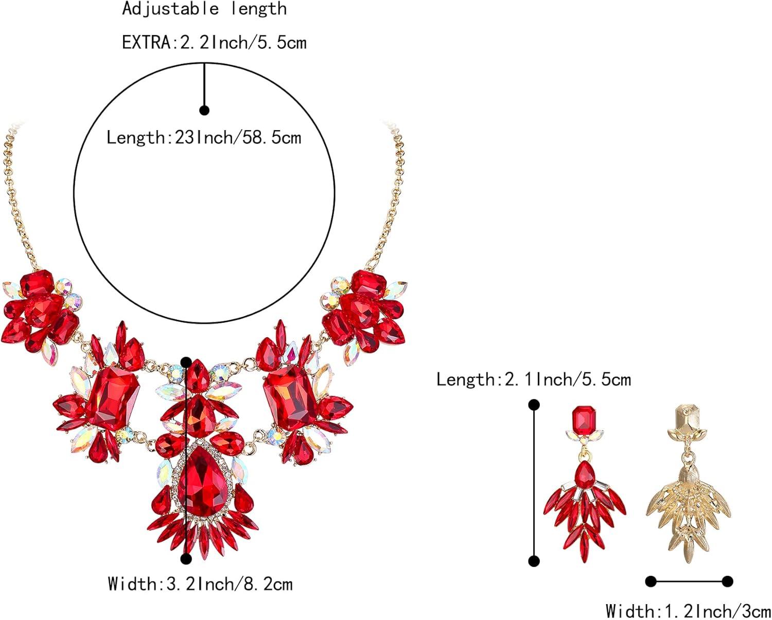 imageBriLove Womens Jewelry Set Fashion Sparkling Crystal Rhinestone Teardrop Emerald Cut Marquise Cluster Statement Necklace Dangle Earrings for Party PromRuby Color Goldtone
