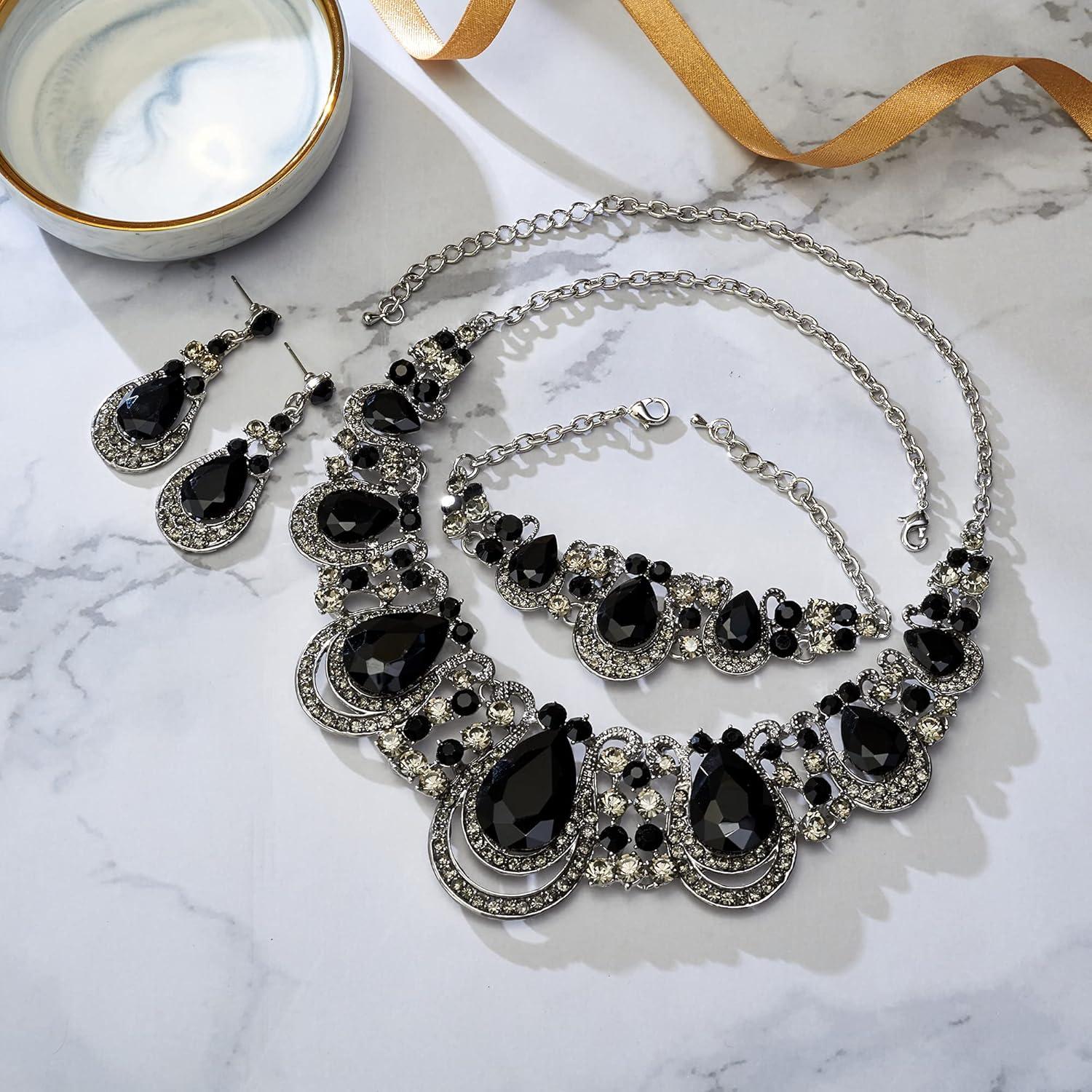 imageBriLove Womens Teardrop Crystal Statement Necklace Cluster Hollow Dangle Earrings Chain Bracelet Bib Jewellery Set for Wedding Bride BridesmaidBlack SilverTone