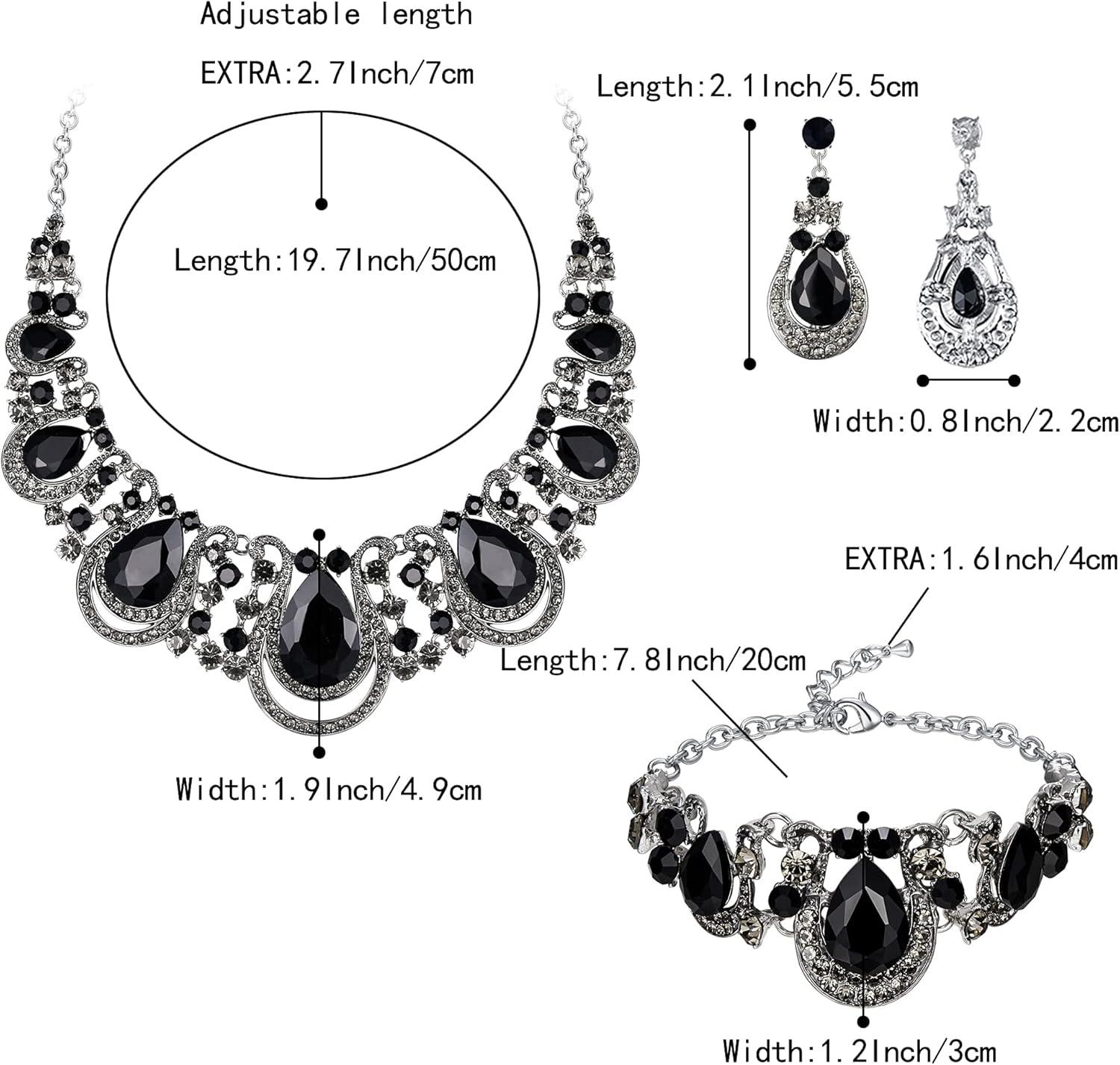 imageBriLove Womens Teardrop Crystal Statement Necklace Cluster Hollow Dangle Earrings Chain Bracelet Bib Jewellery Set for Wedding Bride BridesmaidBlack SilverTone