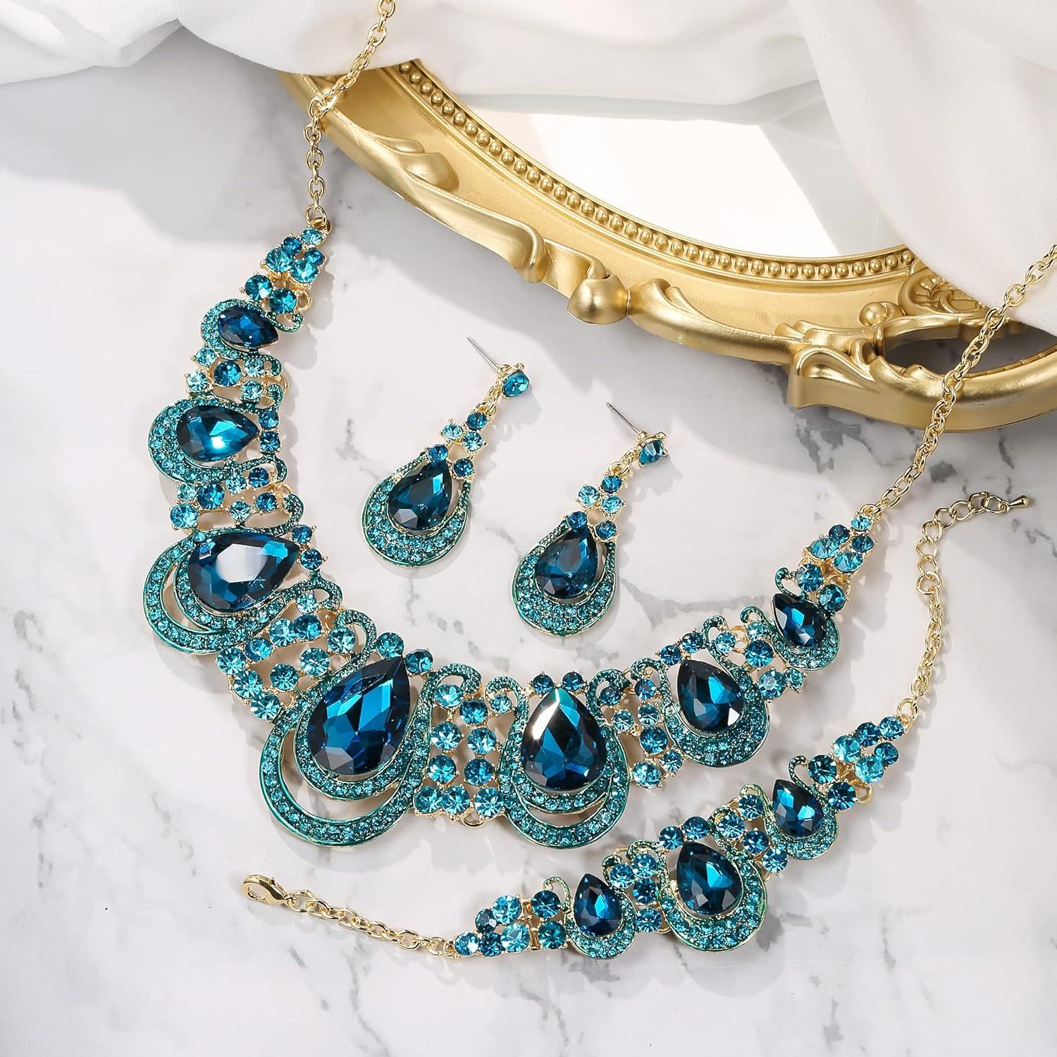 imageBriLove Womens Teardrop Crystal Statement Necklace Cluster Hollow Dangle Earrings Chain Bracelet Bib Jewellery Set for Wedding Bride BridesmaidBlue Topaz Color GoldTone
