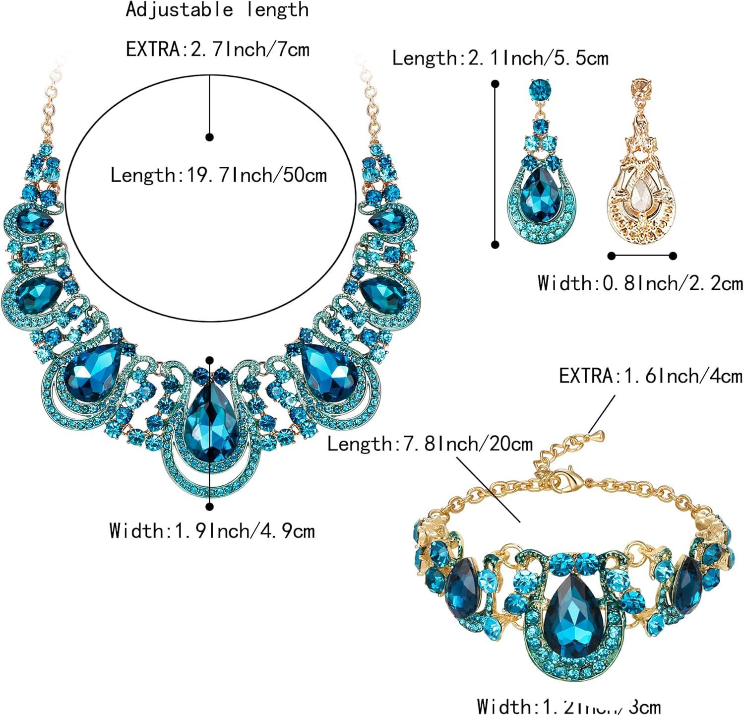 imageBriLove Womens Teardrop Crystal Statement Necklace Cluster Hollow Dangle Earrings Chain Bracelet Bib Jewellery Set for Wedding Bride BridesmaidBlue Topaz Color GoldTone