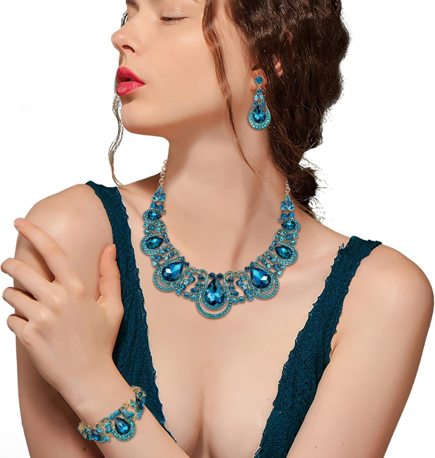 imageBriLove Womens Teardrop Crystal Statement Necklace Cluster Hollow Dangle Earrings Chain Bracelet Bib Jewellery Set for Wedding Bride BridesmaidBlue Topaz Color GoldTone
