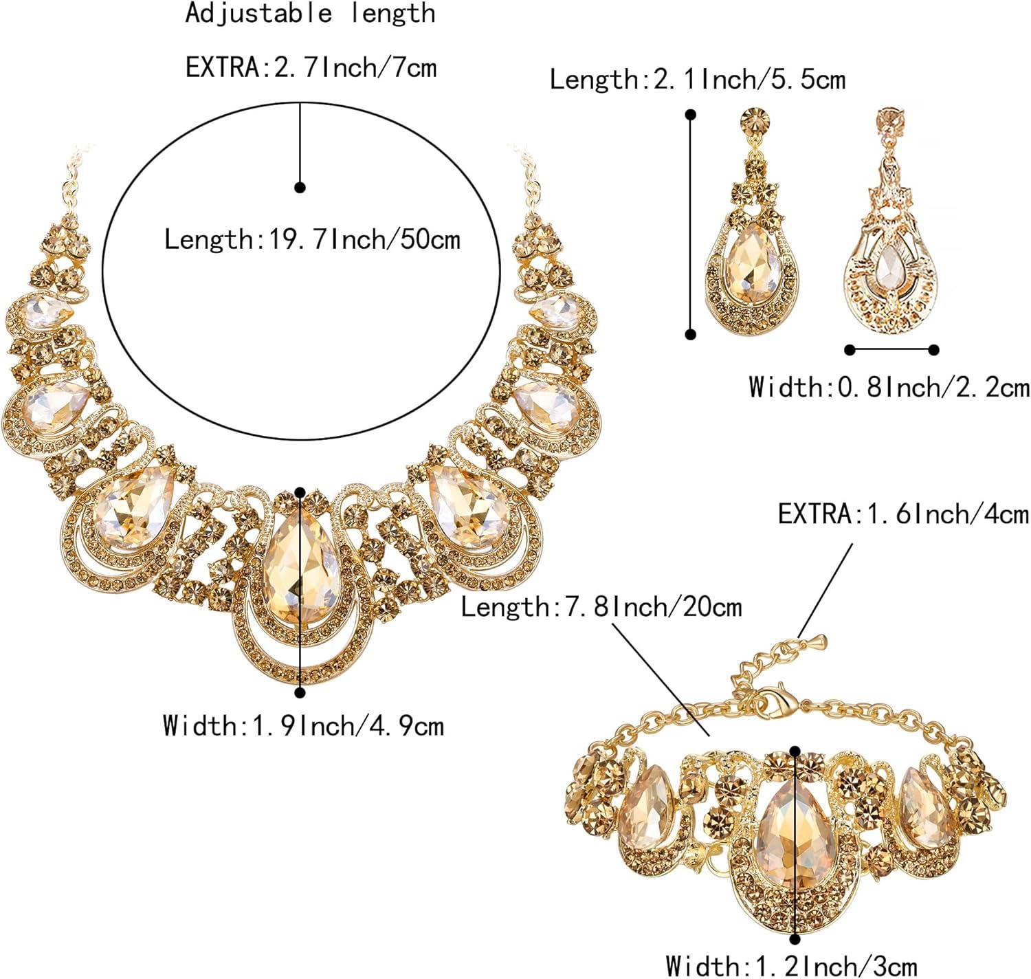 imageBriLove Womens Teardrop Crystal Statement Necklace Cluster Hollow Dangle Earrings Chain Bracelet Bib Jewellery Set for Wedding Bride BridesmaidChampagne GoldTone