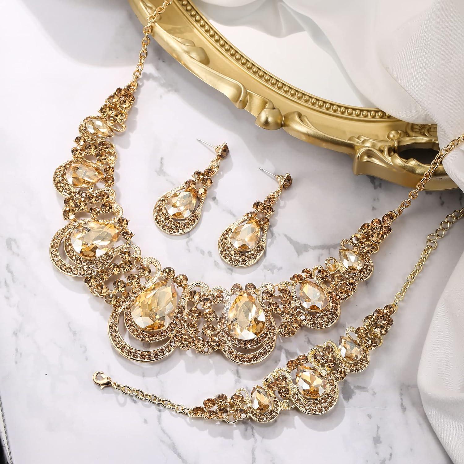 imageBriLove Womens Teardrop Crystal Statement Necklace Cluster Hollow Dangle Earrings Chain Bracelet Bib Jewellery Set for Wedding Bride BridesmaidChampagne GoldTone