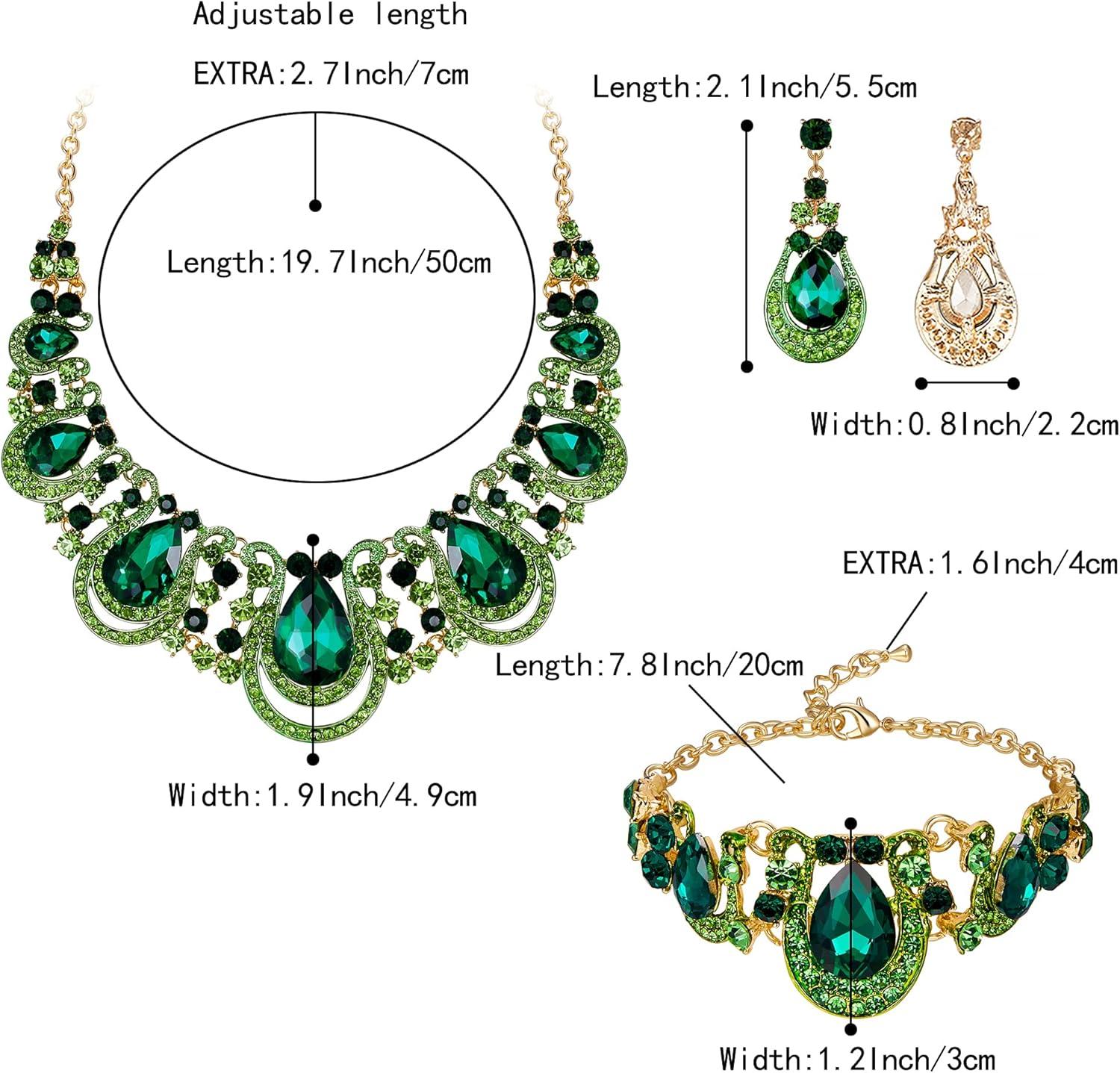 imageBriLove Womens Teardrop Crystal Statement Necklace Cluster Hollow Dangle Earrings Chain Bracelet Bib Jewellery Set for Wedding Bride BridesmaidEmerald Color GoldTone