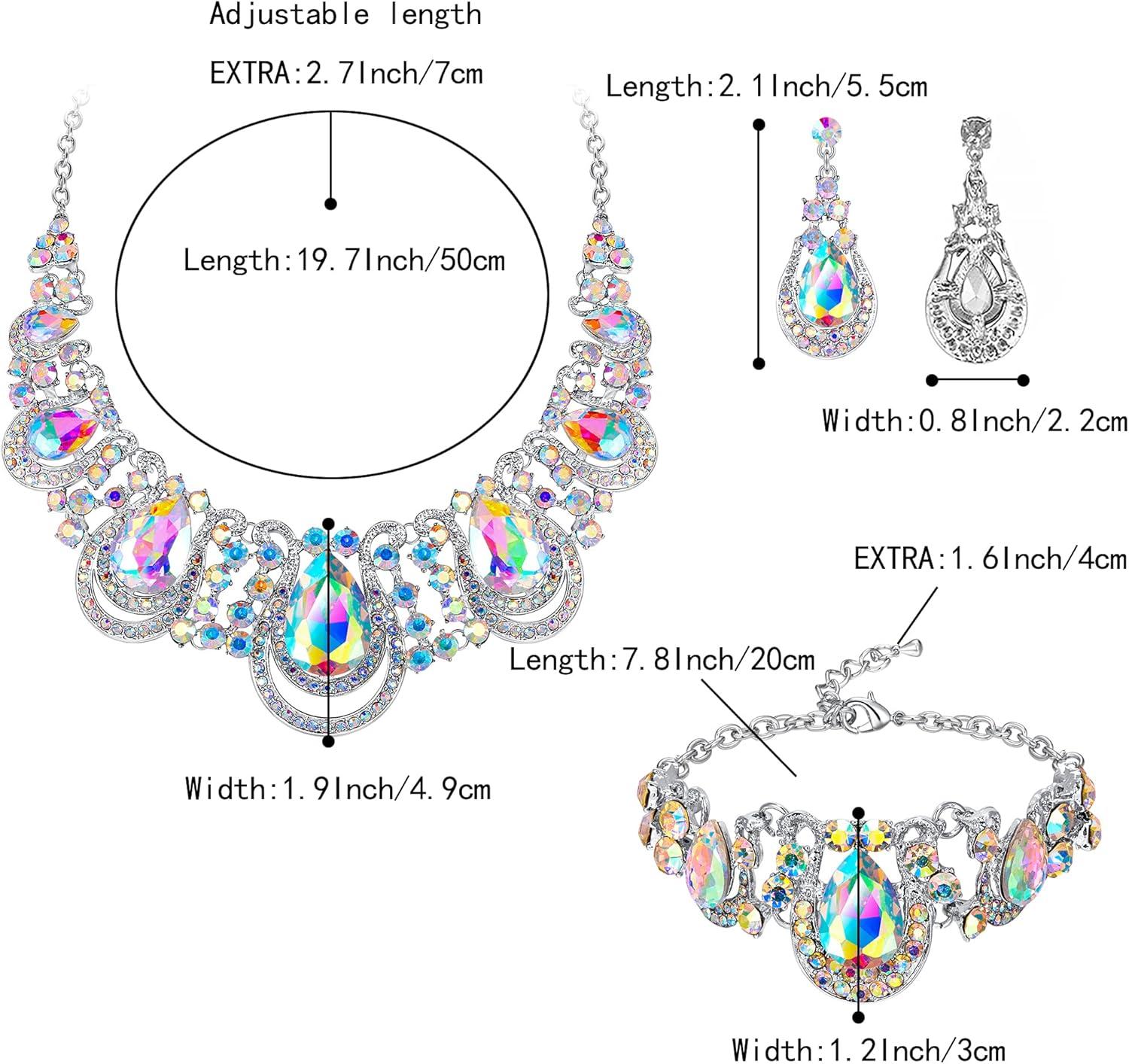 imageBriLove Womens Teardrop Crystal Statement Necklace Cluster Hollow Dangle Earrings Chain Bracelet Bib Jewellery Set for Wedding Bride BridesmaidIridescent AB Color SilverTone