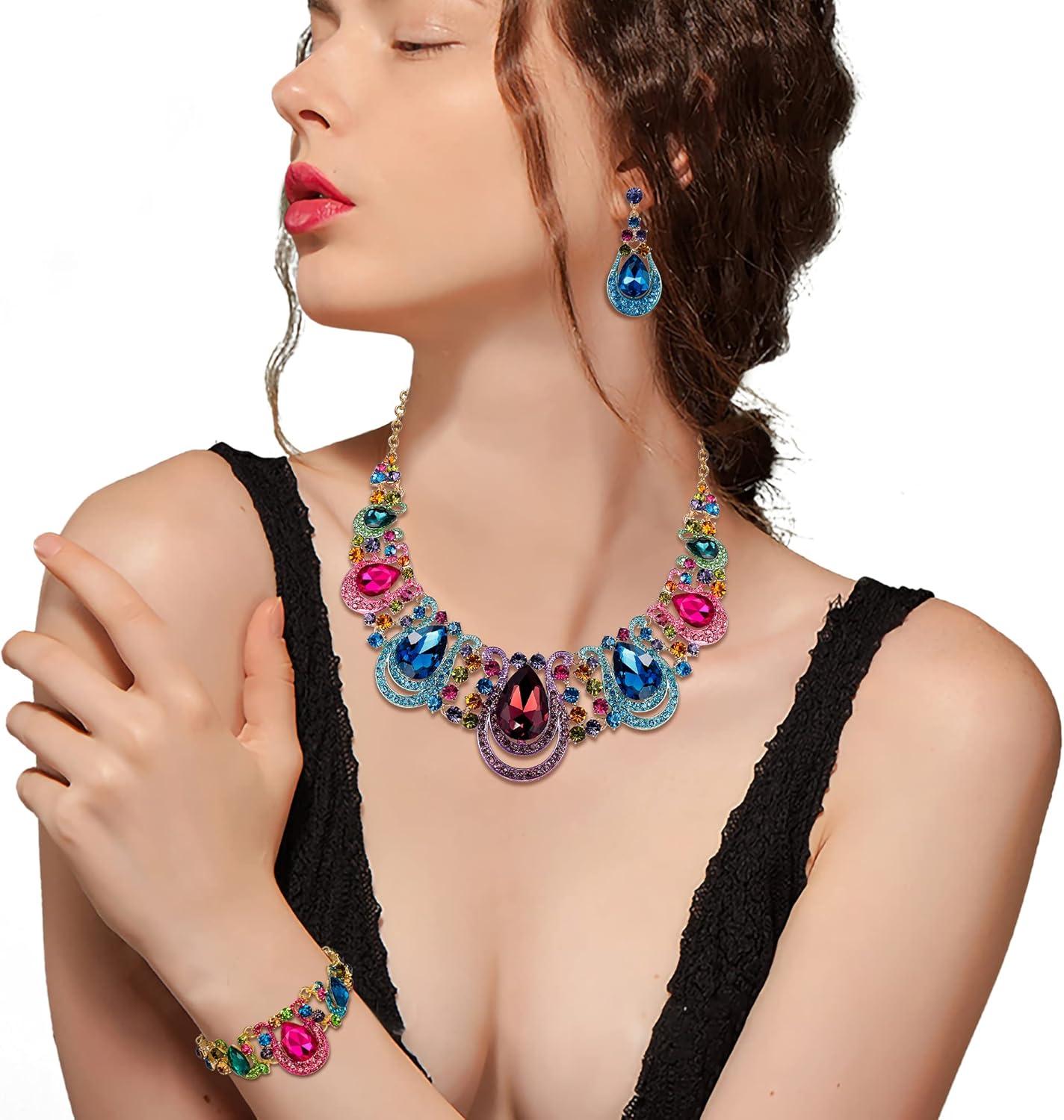 imageBriLove Womens Teardrop Crystal Statement Necklace Cluster Hollow Dangle Earrings Chain Bracelet Bib Jewellery Set for Wedding Bride BridesmaidMulti Colour GoldTone