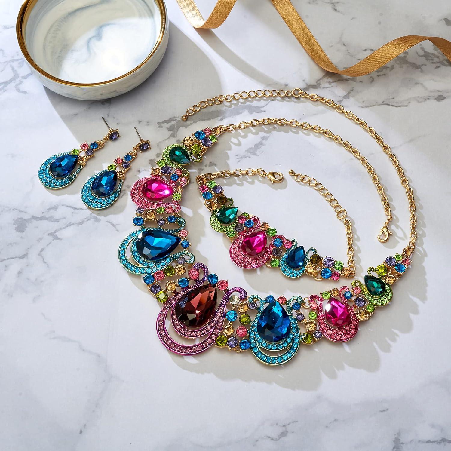 imageBriLove Womens Teardrop Crystal Statement Necklace Cluster Hollow Dangle Earrings Chain Bracelet Bib Jewellery Set for Wedding Bride BridesmaidMulti Colour GoldTone