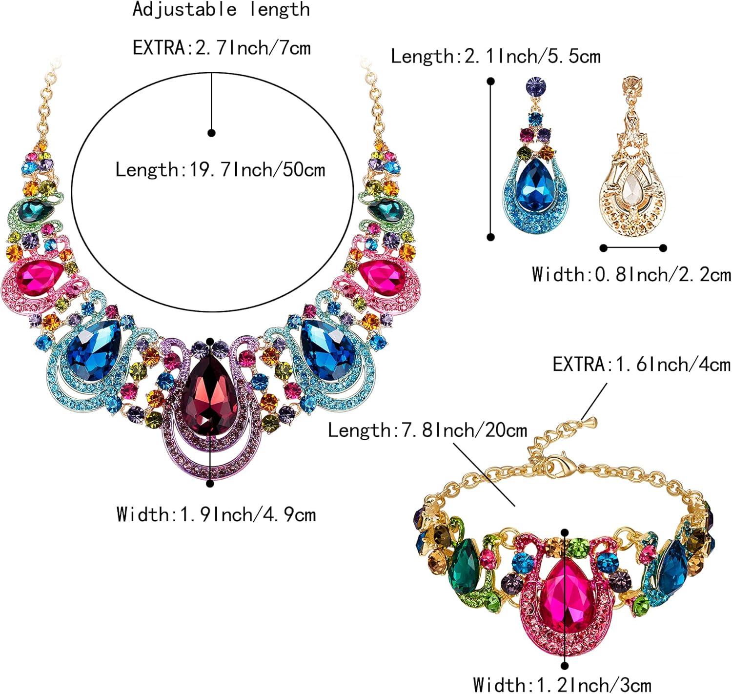 imageBriLove Womens Teardrop Crystal Statement Necklace Cluster Hollow Dangle Earrings Chain Bracelet Bib Jewellery Set for Wedding Bride BridesmaidMulti Colour GoldTone
