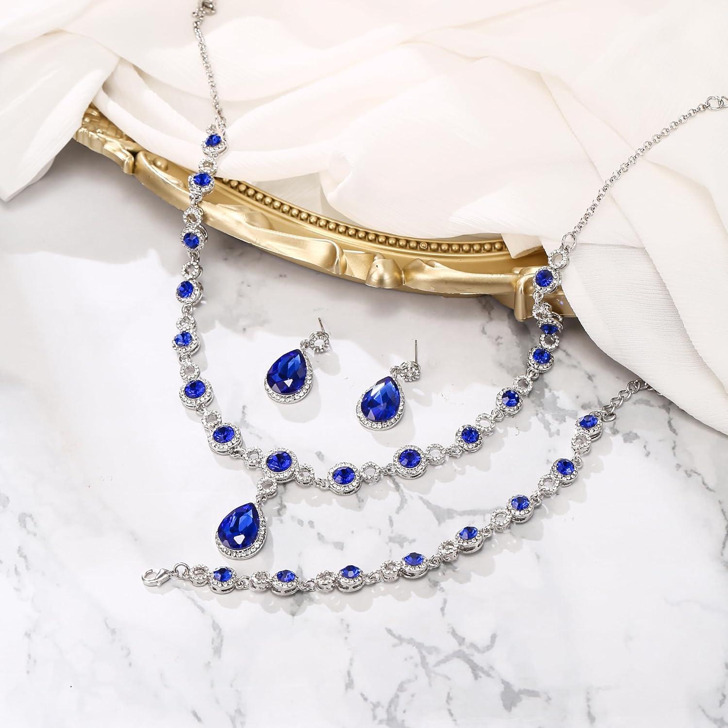 imageBriLove Womens Wedding Bridal Crystal Infinity Figure 8 Teardrop YNecklace Bracelet Earrings SetNavy Blue SilverTone