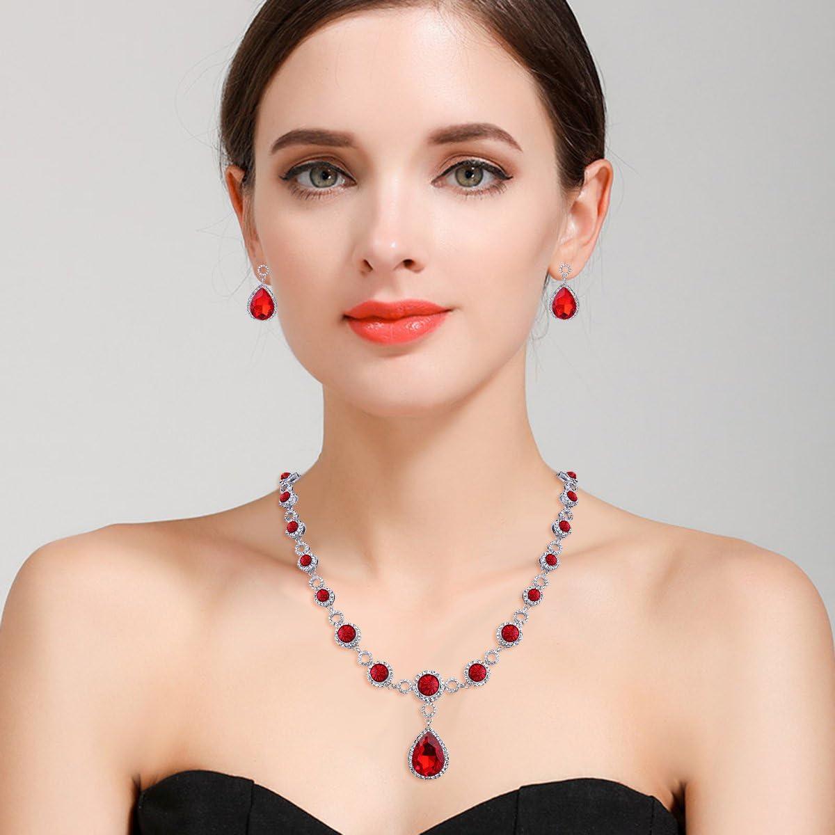 imageBriLove Womens Wedding Bridal Crystal Infinity Figure 8 Teardrop YNecklace Bracelet Earrings SetRuby Color SilverTone