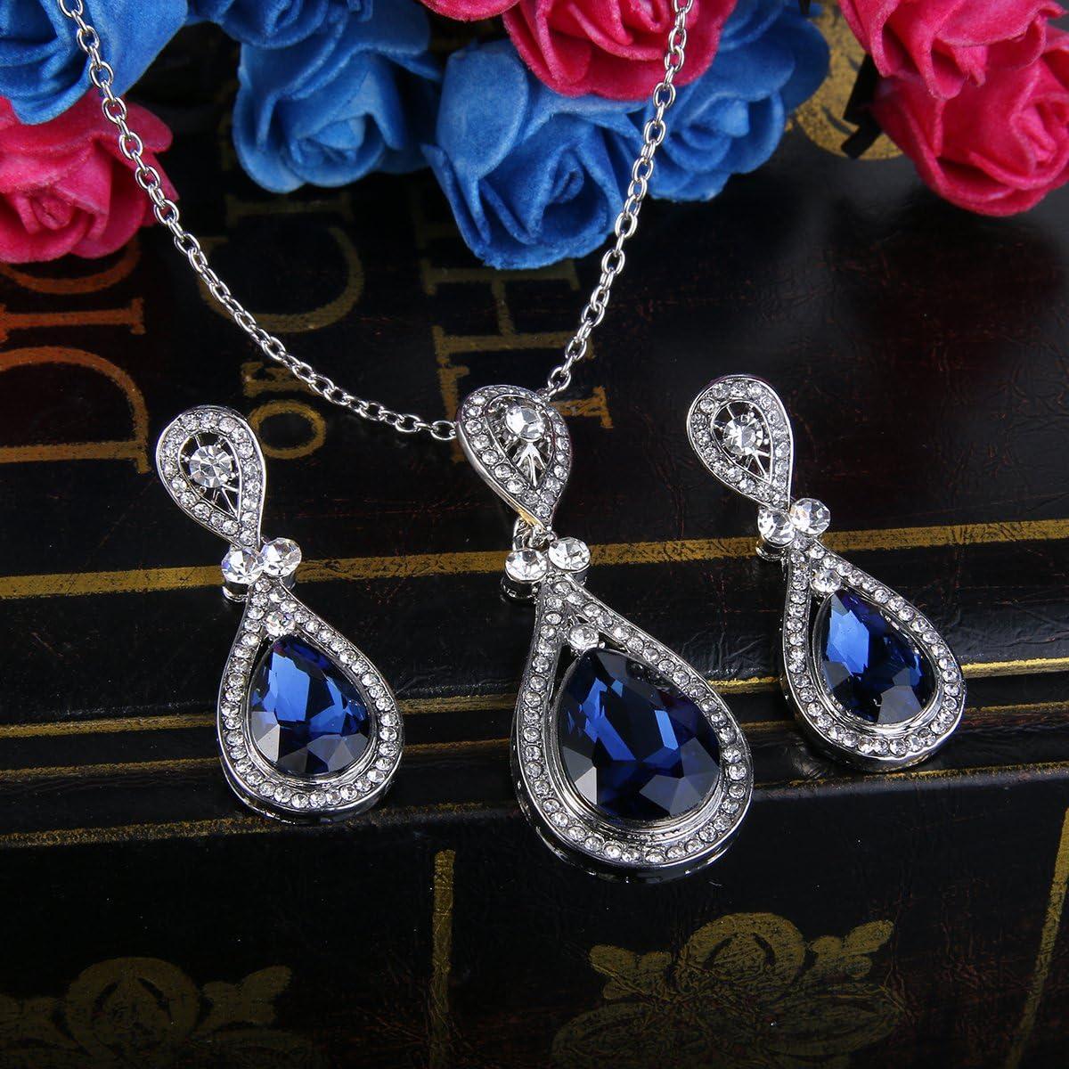 imageBriLove Womens Wedding Bridal Elegant Crystal Teardrop Pendant Necklace Dangle Earrings SetNavy Blue
