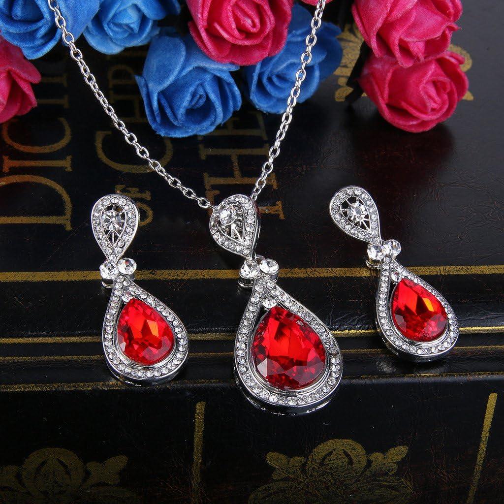 imageBriLove Womens Wedding Bridal Elegant Crystal Teardrop Pendant Necklace Dangle Earrings SetRuby Color