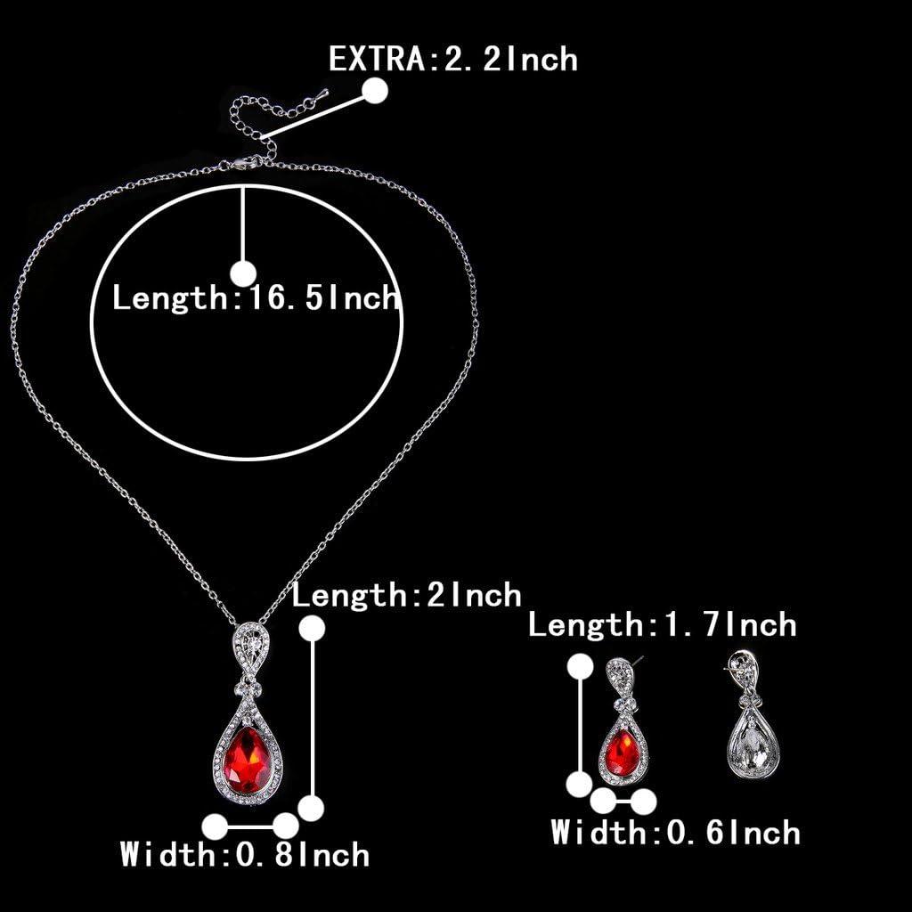 imageBriLove Womens Wedding Bridal Elegant Crystal Teardrop Pendant Necklace Dangle Earrings SetRuby Color