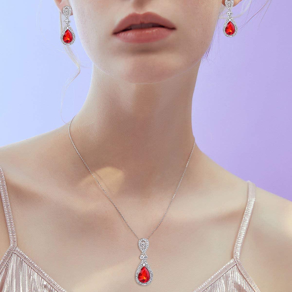 imageBriLove Womens Wedding Bridal Elegant Crystal Teardrop Pendant Necklace Dangle Earrings SetRuby Color