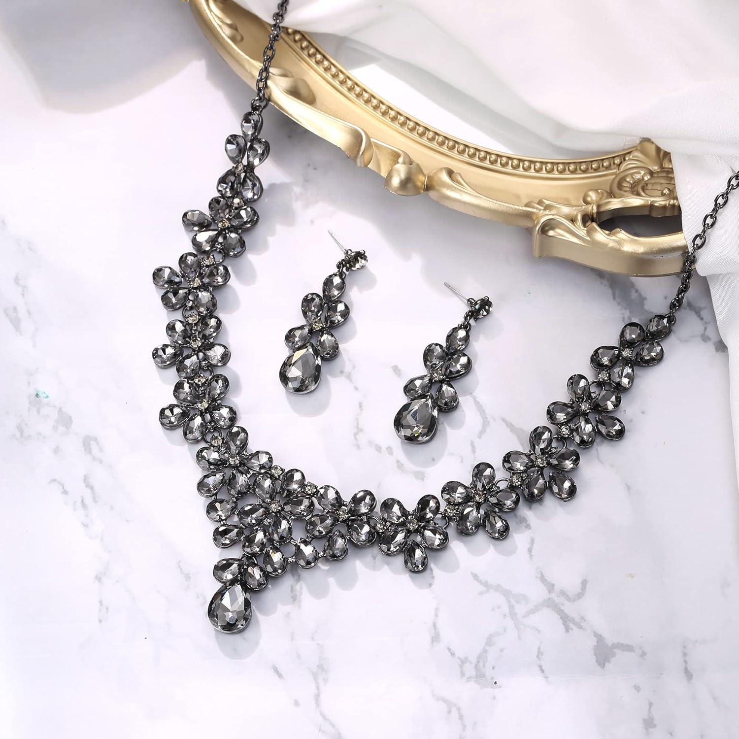 imageBriLove Womens Wedding Bridal Teardrop Cluster Crystal Statement Necklace Dangle Earrings Set for Bride Grey BlackTone