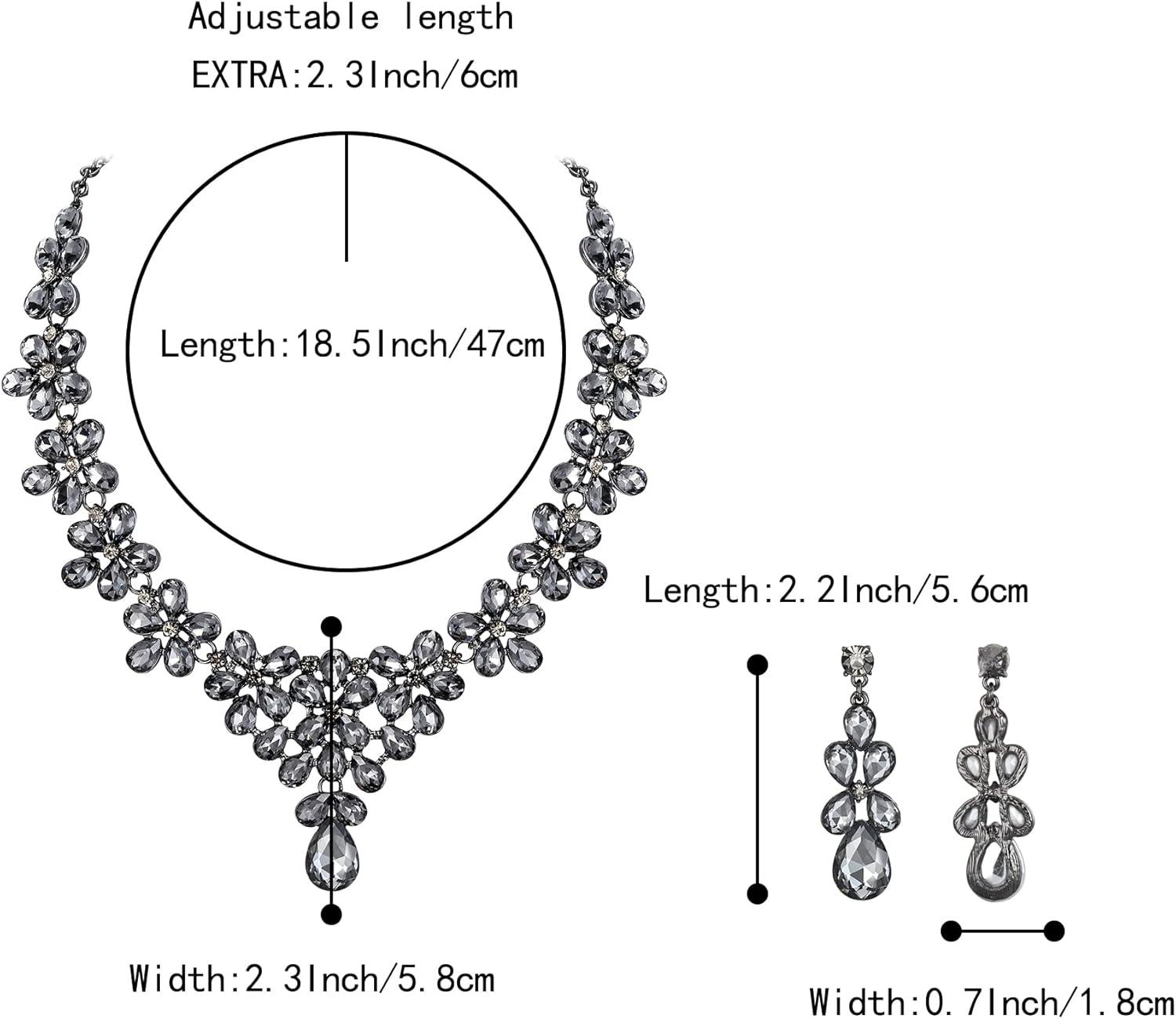 imageBriLove Womens Wedding Bridal Teardrop Cluster Crystal Statement Necklace Dangle Earrings Set for Bride Grey BlackTone