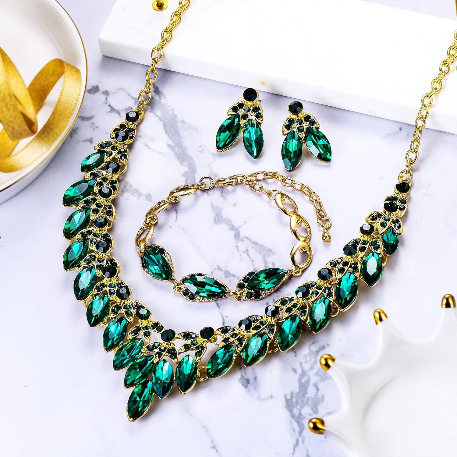 imageBriLove Womens Wedding Jewelry Set for Bridal Rhinestone Beaded Marquise Cluster Crystal Statement Necklace Dangle Earrings Link Bracelet02Emerald Color GoldTone