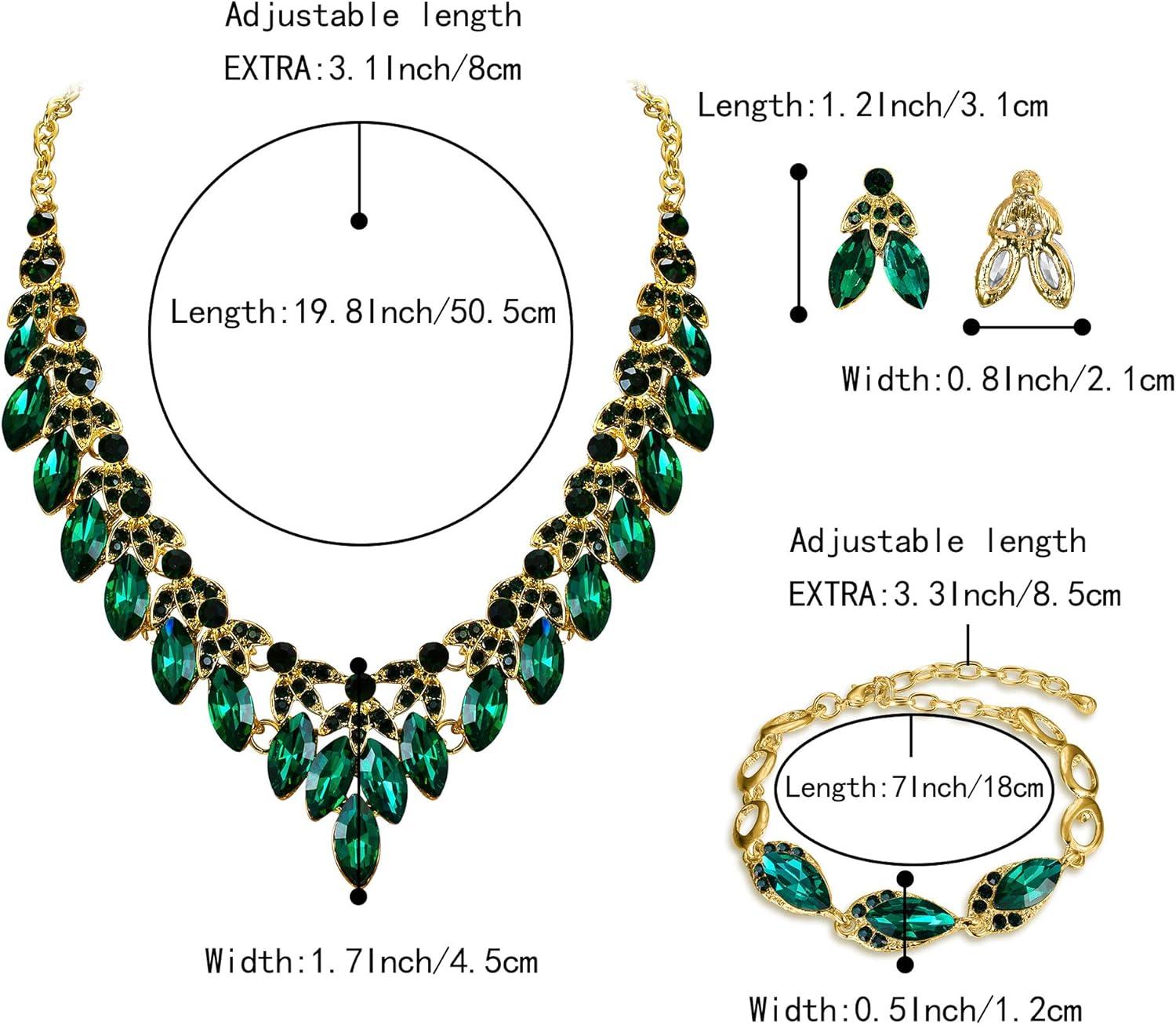 imageBriLove Womens Wedding Jewelry Set for Bridal Rhinestone Beaded Marquise Cluster Crystal Statement Necklace Dangle Earrings Link Bracelet02Emerald Color GoldTone
