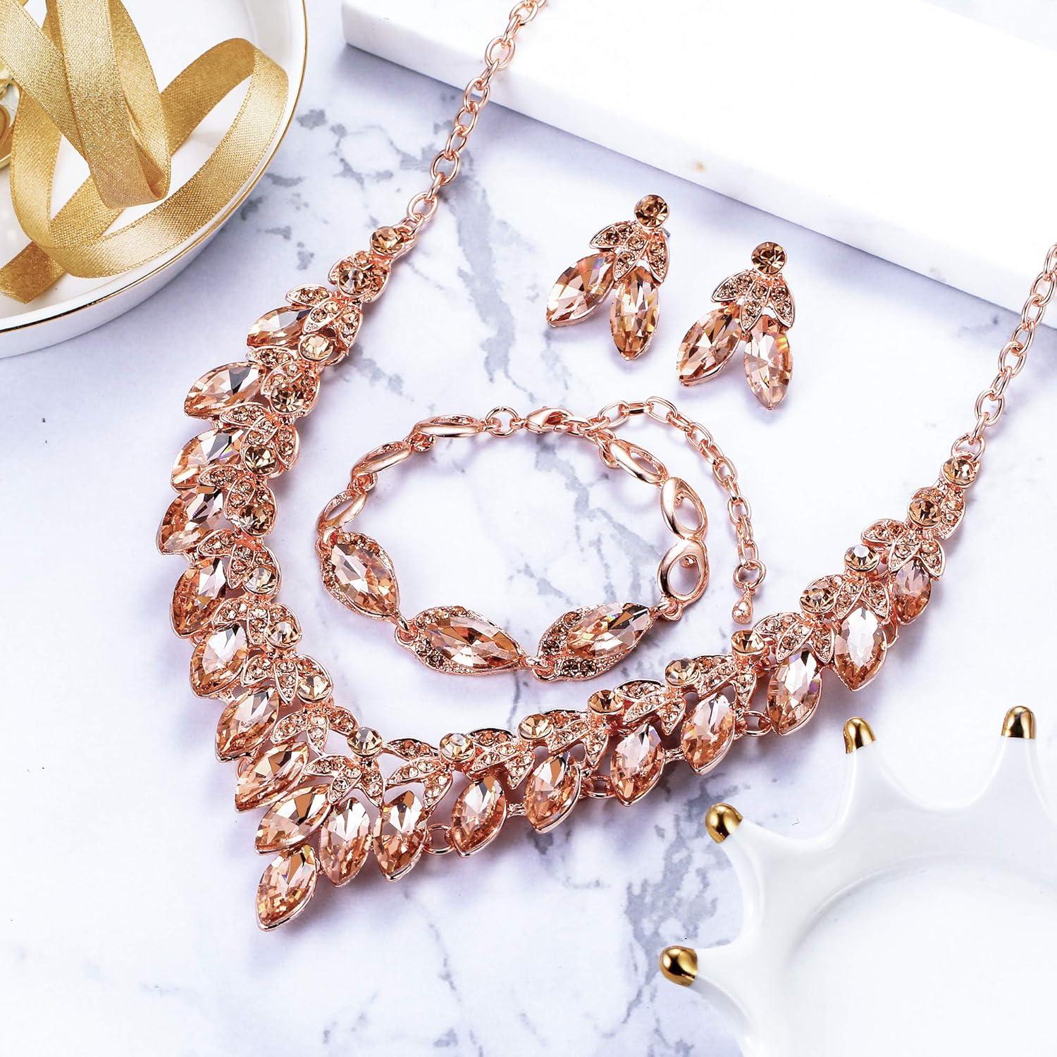 imageBriLove Womens Wedding Jewelry Set for Bridal Rhinestone Beaded Marquise Cluster Crystal Statement Necklace Dangle Earrings Link Bracelet05Peach RoseGoldTone