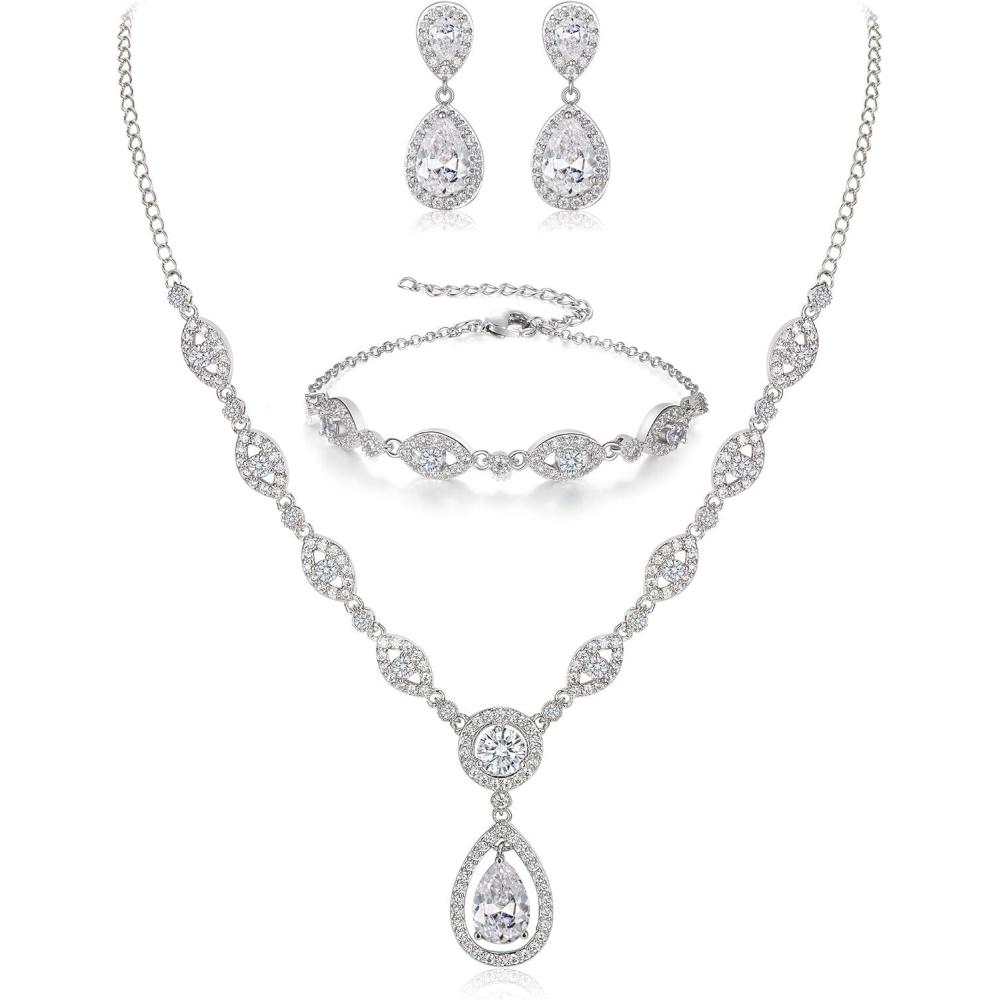 imageBriLove Wedding Bridal Jewelry Set for Women Cubic Zirconia Teardrop YNecklace Link Bracelet Dangle Earrings for Party Prom AccessoriesClear SilverTone