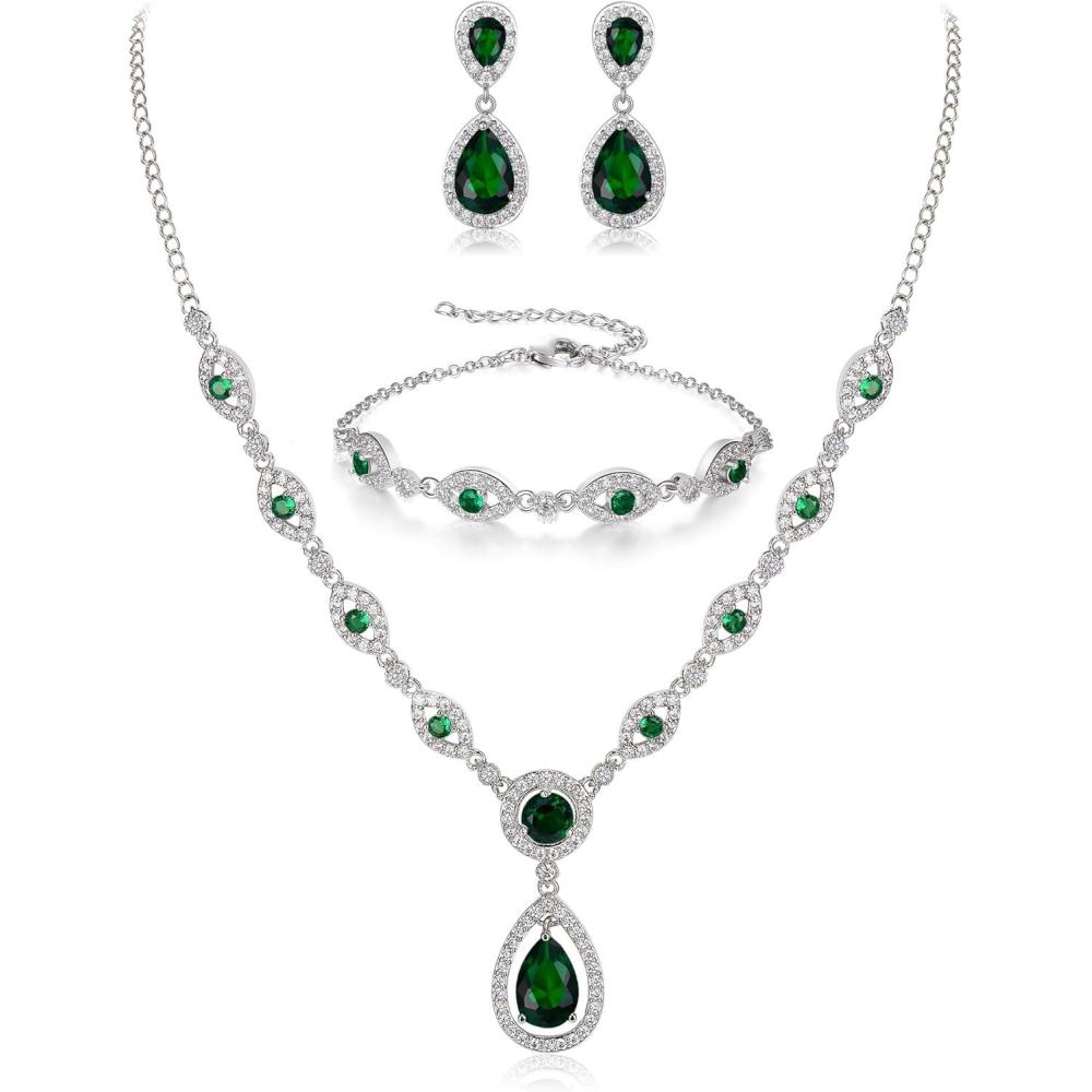 imageBriLove Wedding Bridal Jewelry Set for Women Cubic Zirconia Teardrop YNecklace Link Bracelet Dangle Earrings for Party Prom AccessoriesEmerald Color SilverTone