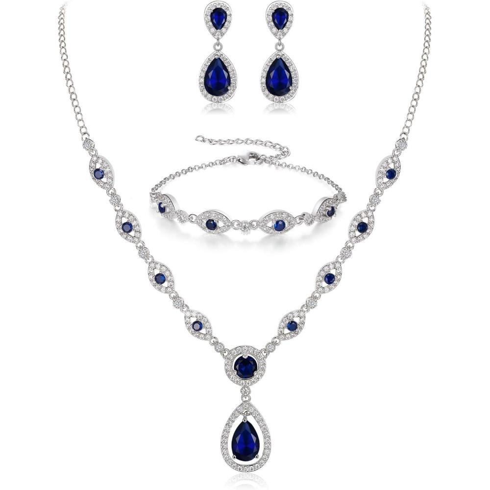 imageBriLove Wedding Bridal Jewelry Set for Women Cubic Zirconia Teardrop YNecklace Link Bracelet Dangle Earrings for Party Prom AccessoriesSapphire Color SilverTone