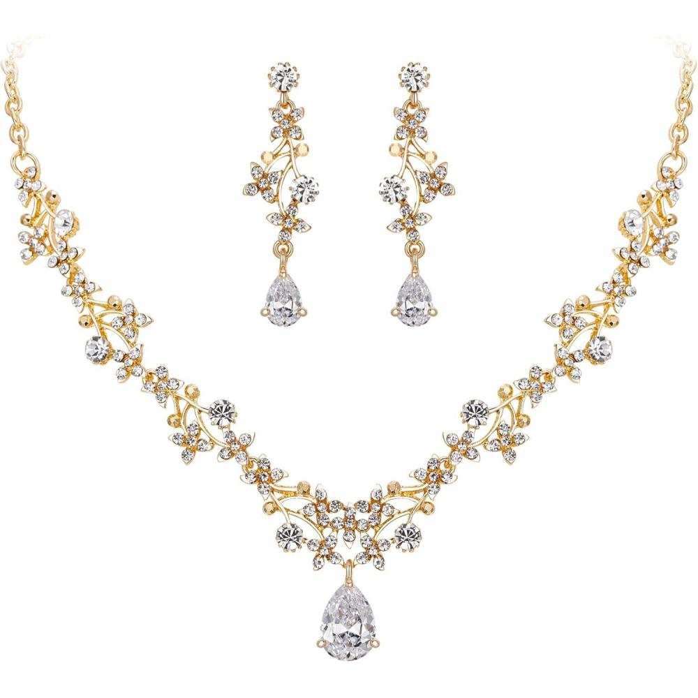 imageBriLove Wedding Bridal Necklace Earrings Jewelry Set CZ Crystal Leaf Vine Floral Scroll Teardrop VNecklace Clear GoldTone