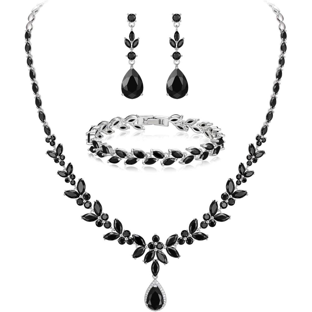imageBriLove Wedding Gorgeous Shiny Teardrop CZ Pendant Necklace Leaf Dangle Earrings Jewelry Set for Women Bride BridesmaidBlack SilverTone