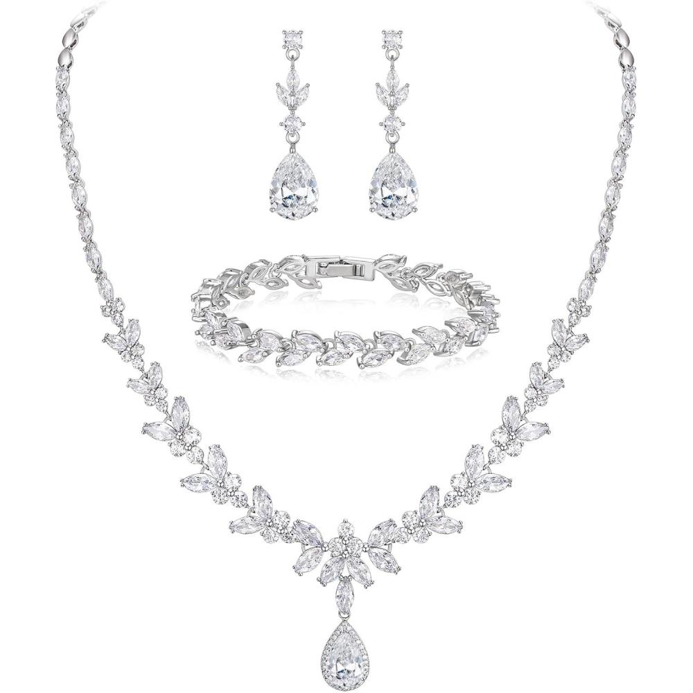 imageBriLove Wedding Gorgeous Shiny Teardrop CZ Pendant Necklace Leaf Dangle Earrings Jewelry Set for Women Bride BridesmaidClear