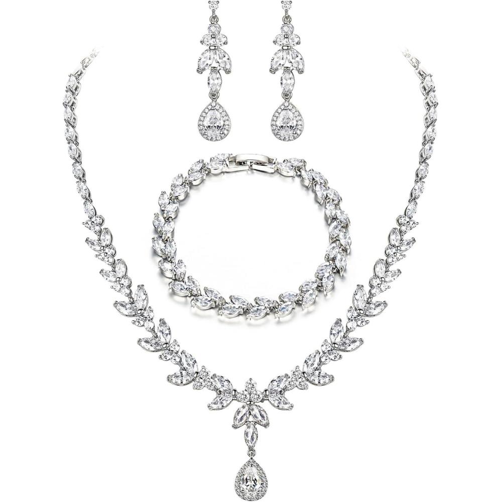 imageBriLove Wedding Gorgeous Shiny Teardrop CZ Pendant Necklace Leaf Dangle Earrings Jewelry Set for Women Bride BridesmaidClear SilverTone