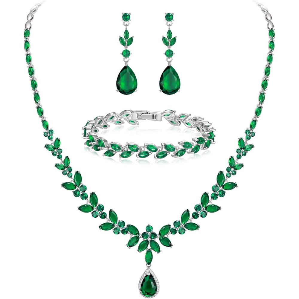 imageBriLove Wedding Gorgeous Shiny Teardrop CZ Pendant Necklace Leaf Dangle Earrings Jewelry Set for Women Bride BridesmaidEmerald Color SilverTone