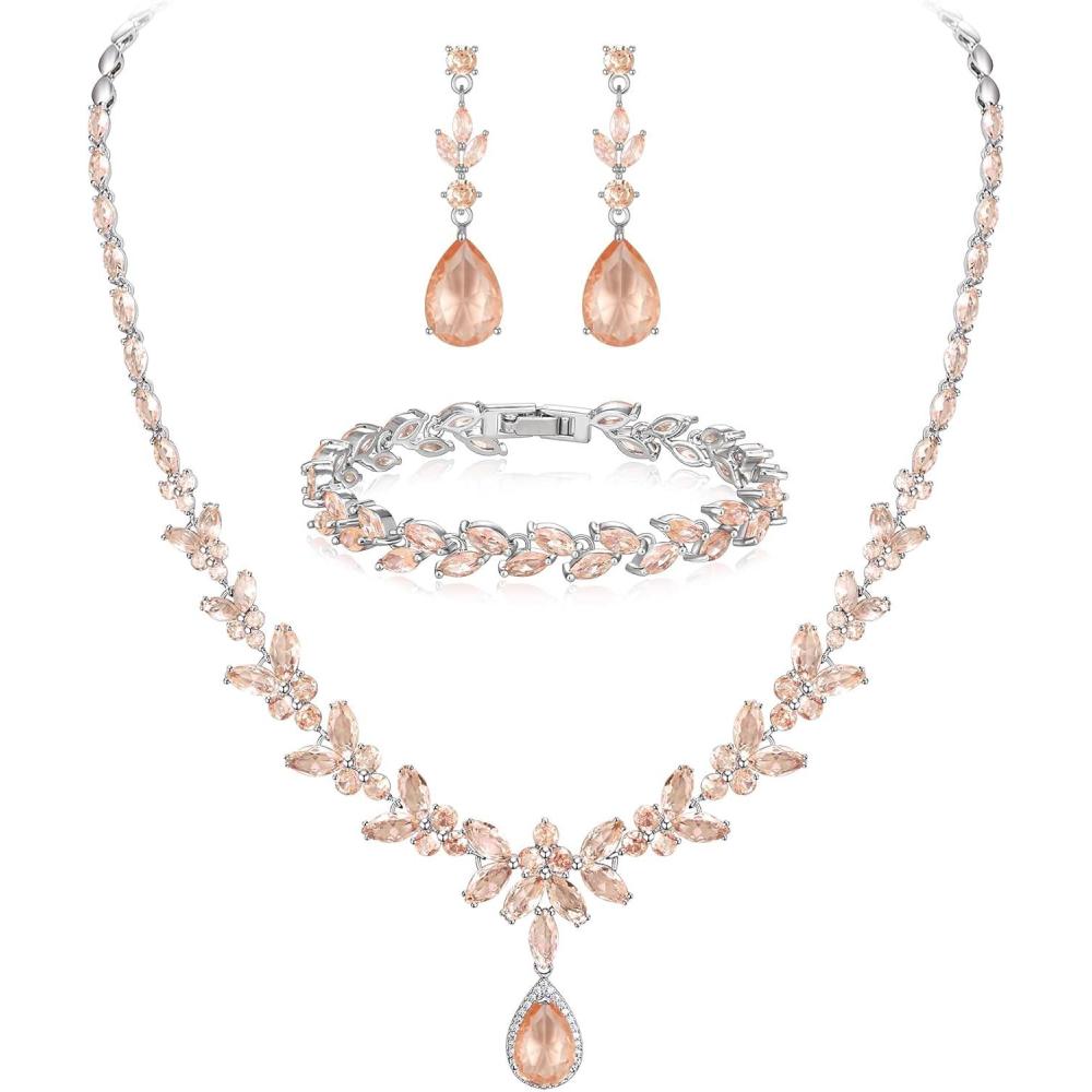 imageBriLove Wedding Gorgeous Shiny Teardrop CZ Pendant Necklace Leaf Dangle Earrings Jewelry Set for Women Bride BridesmaidPeach SilverTone