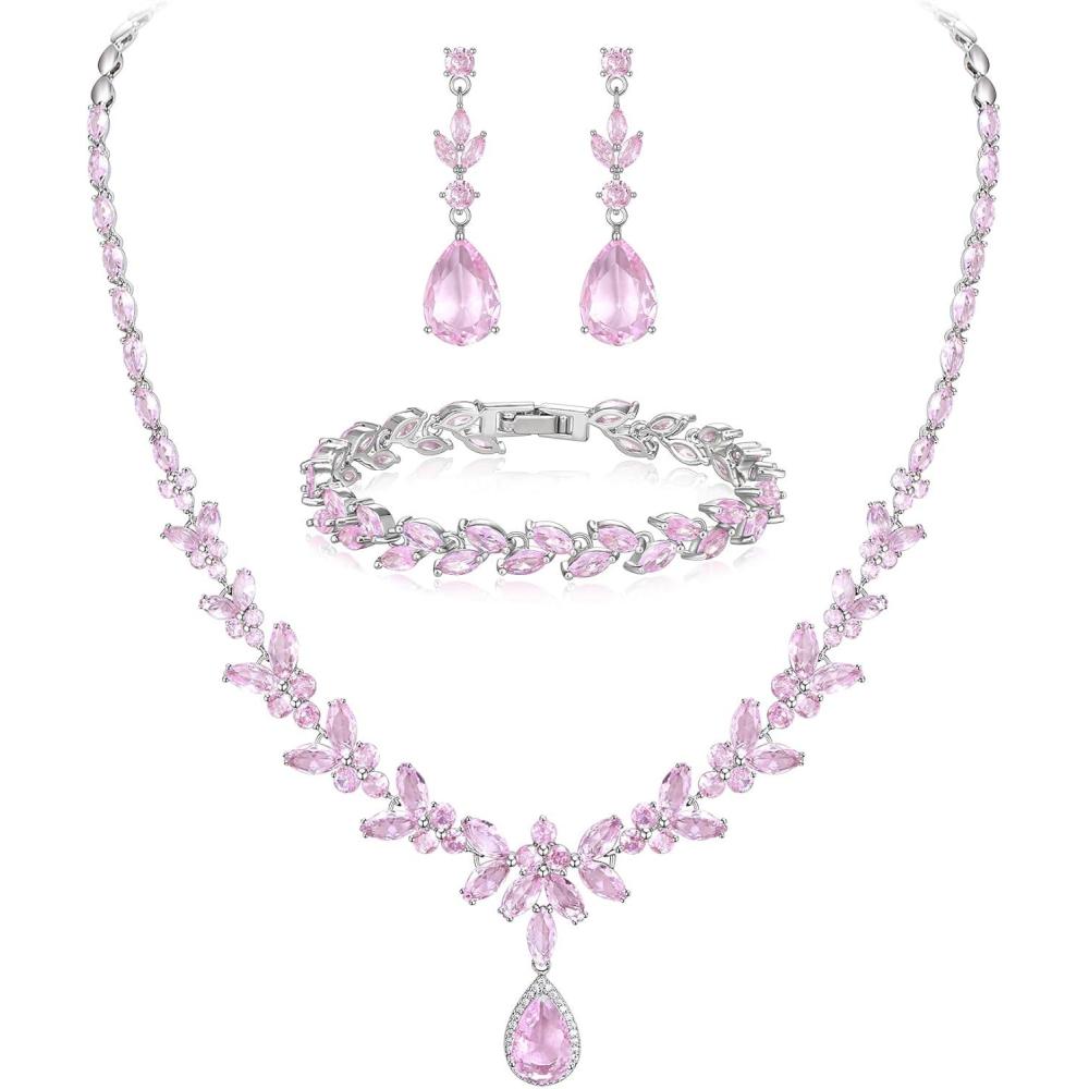 imageBriLove Wedding Gorgeous Shiny Teardrop CZ Pendant Necklace Leaf Dangle Earrings Jewelry Set for Women Bride BridesmaidPink SilverTone